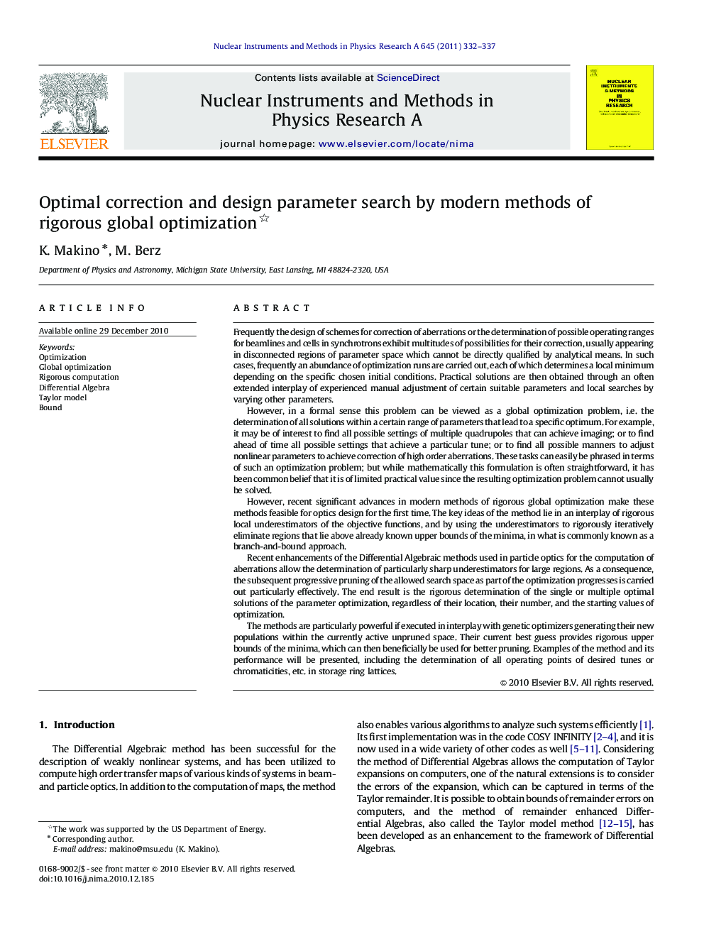 عکس صفحه اول مقاله: Optimal correction and design parameter search by modern methods of rigorous global optimization Optimal correction and design parameter search by modern methods of rigorous global optimization