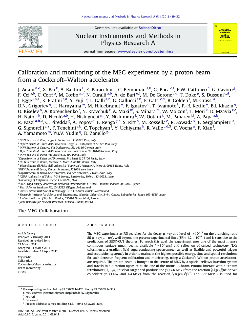 Calibration and monitoring of the MEG experiment by a proton beam from a Cockcroft–Walton accelerator