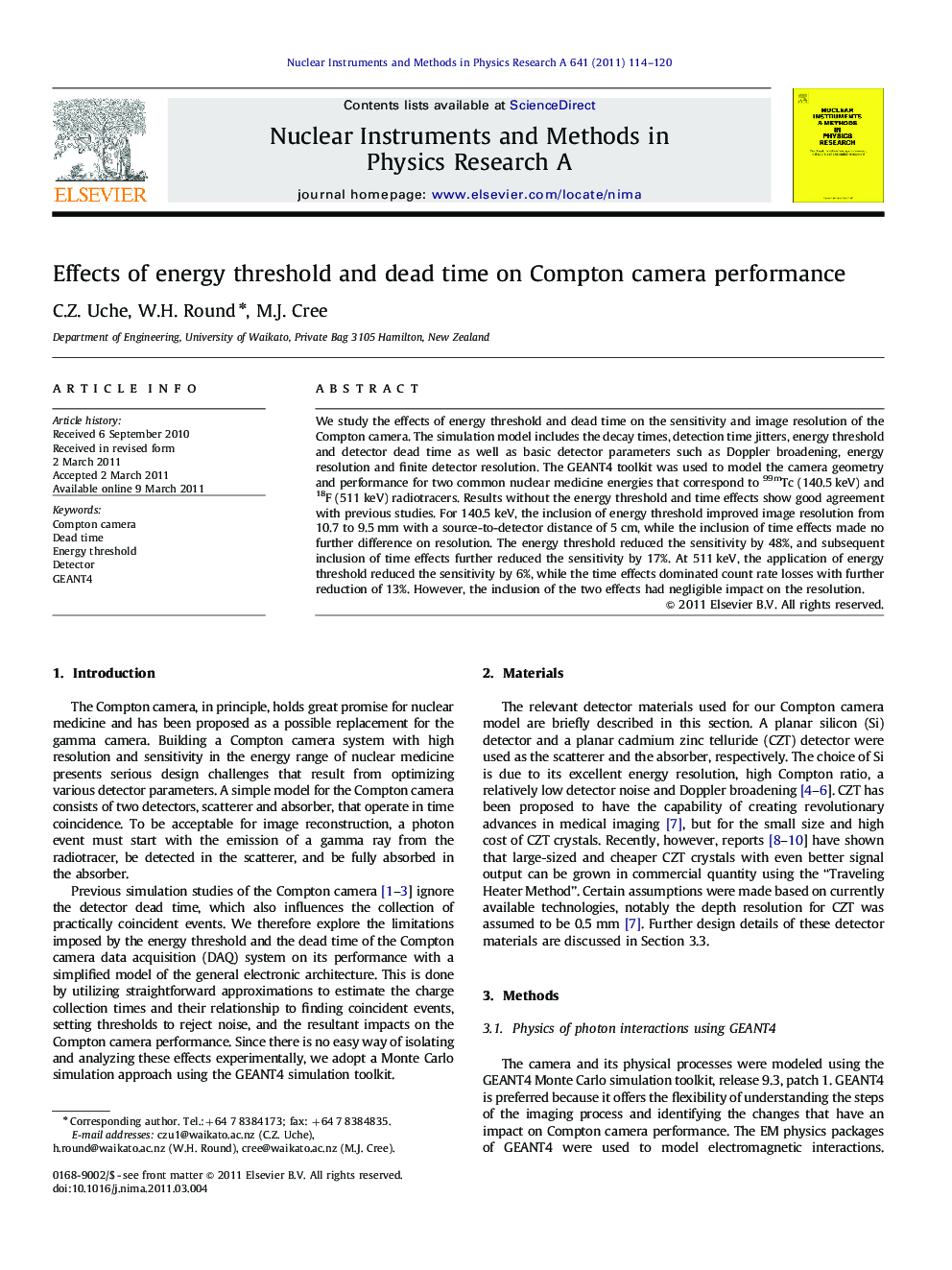 Effects of energy threshold and dead time on Compton camera performance