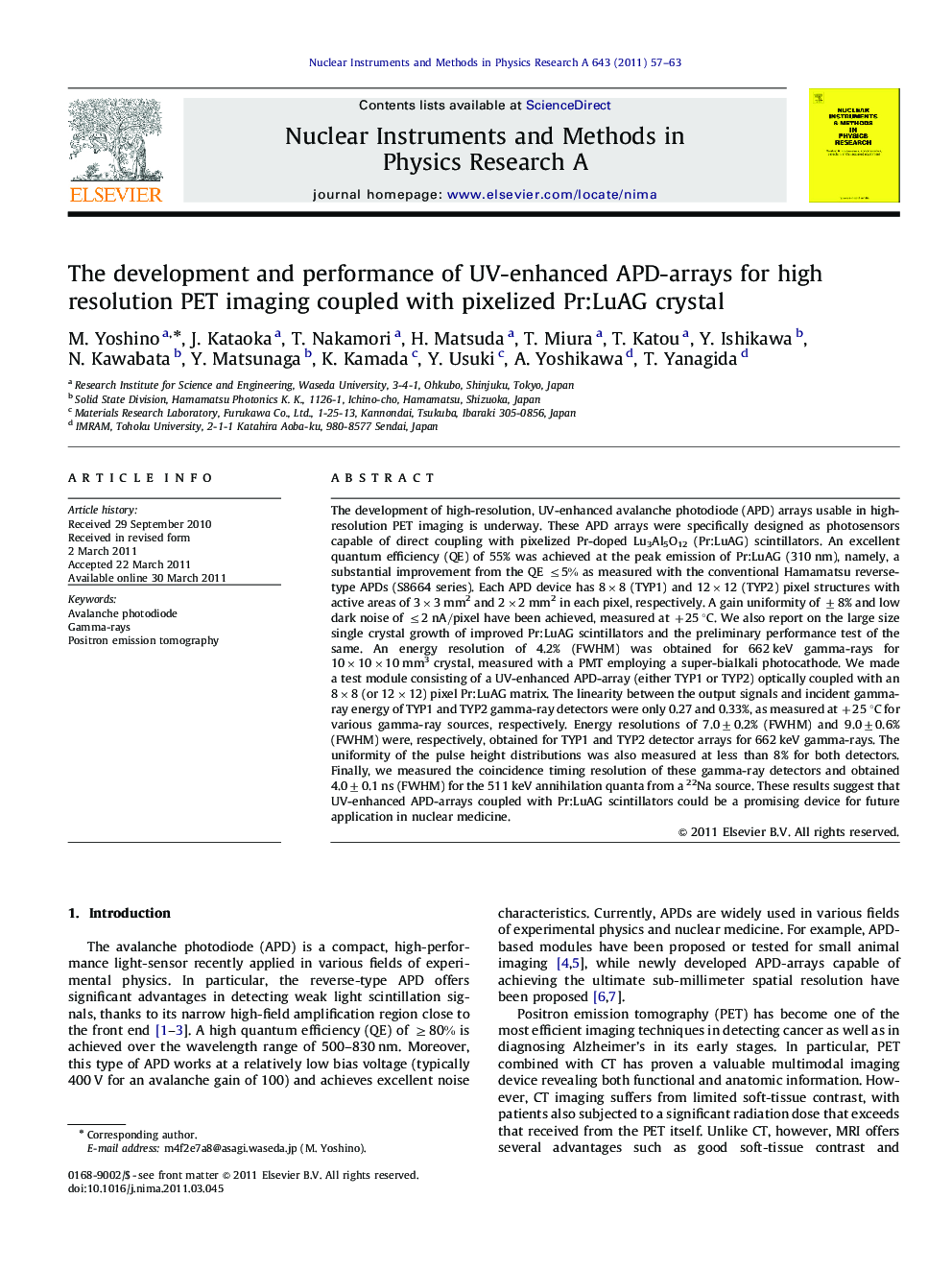 The development and performance of UV-enhanced APD-arrays for high resolution PET imaging coupled with pixelized Pr:LuAG crystal