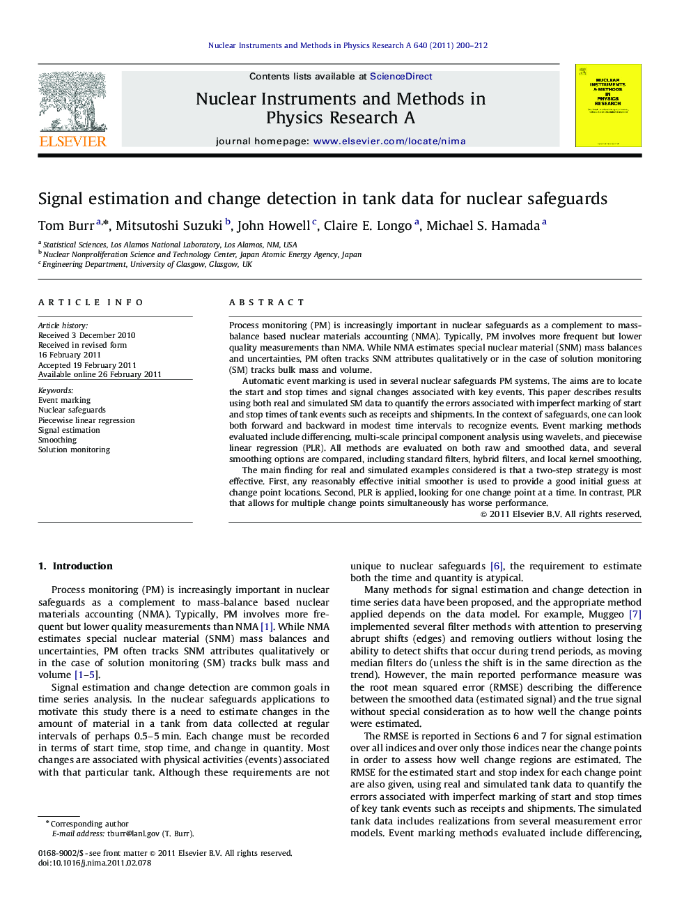 Signal estimation and change detection in tank data for nuclear safeguards