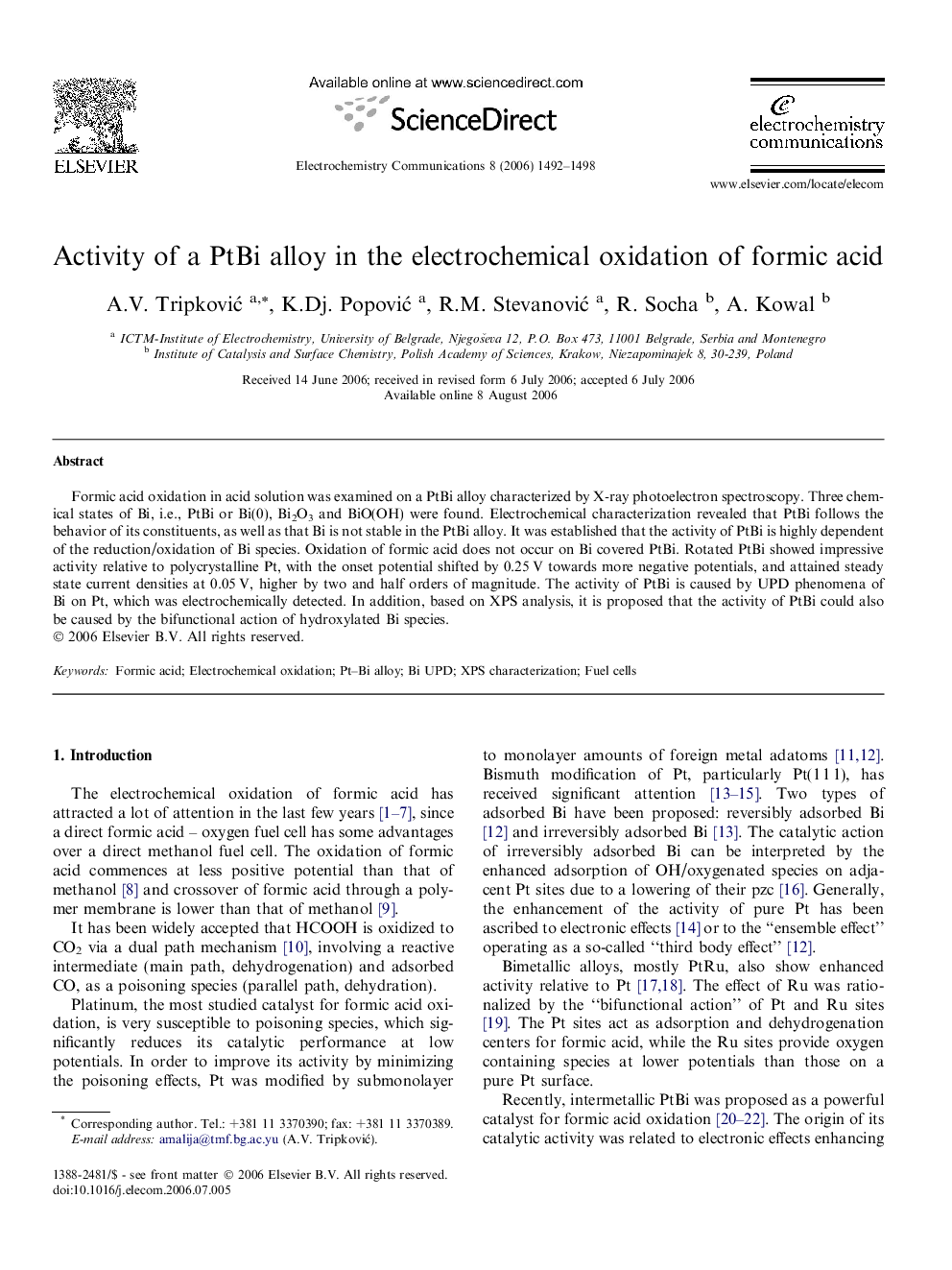 Activity of a PtBi alloy in the electrochemical oxidation of formic acid