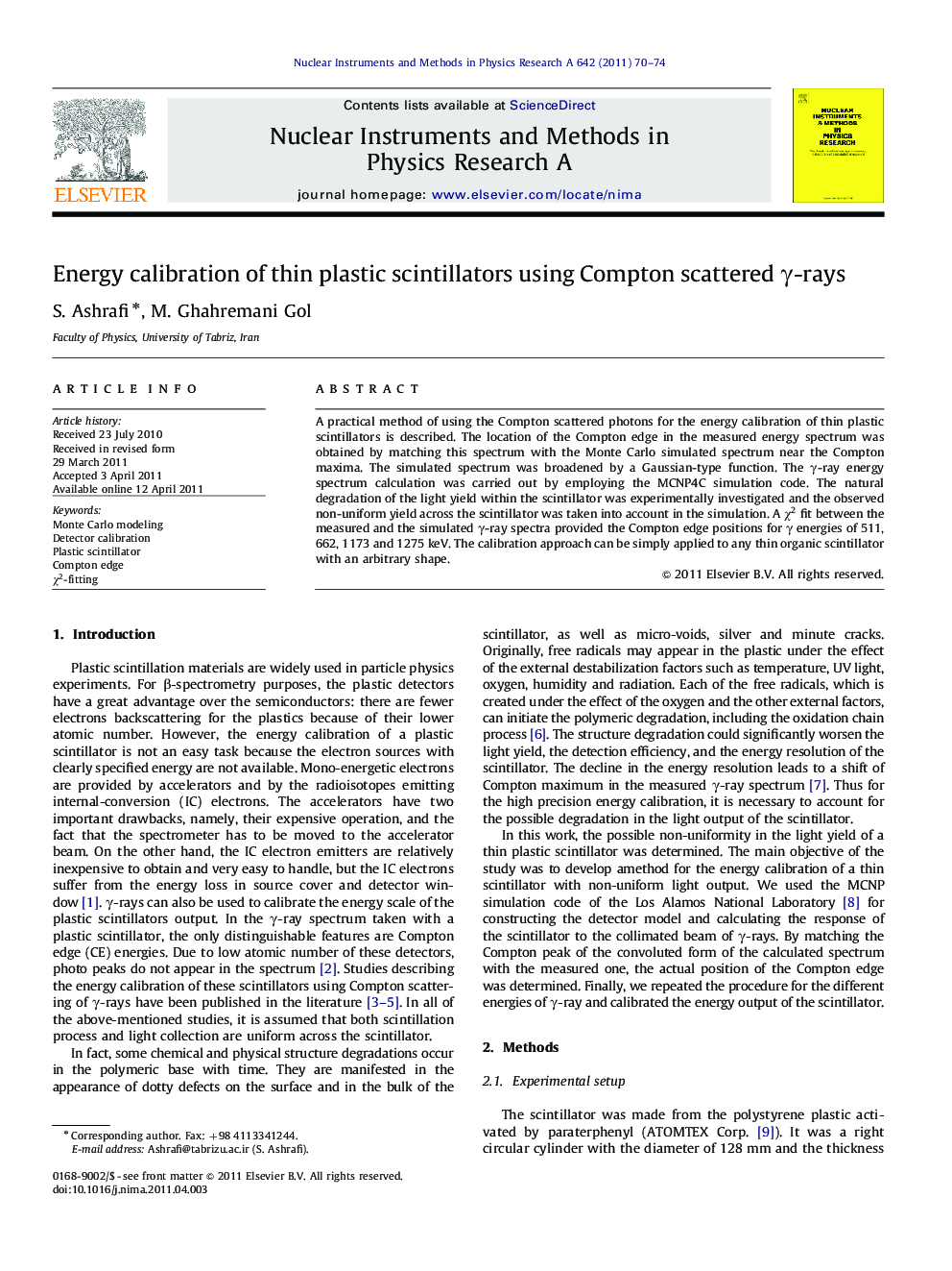 Energy calibration of thin plastic scintillators using Compton scattered γ‐raysγ‐rays