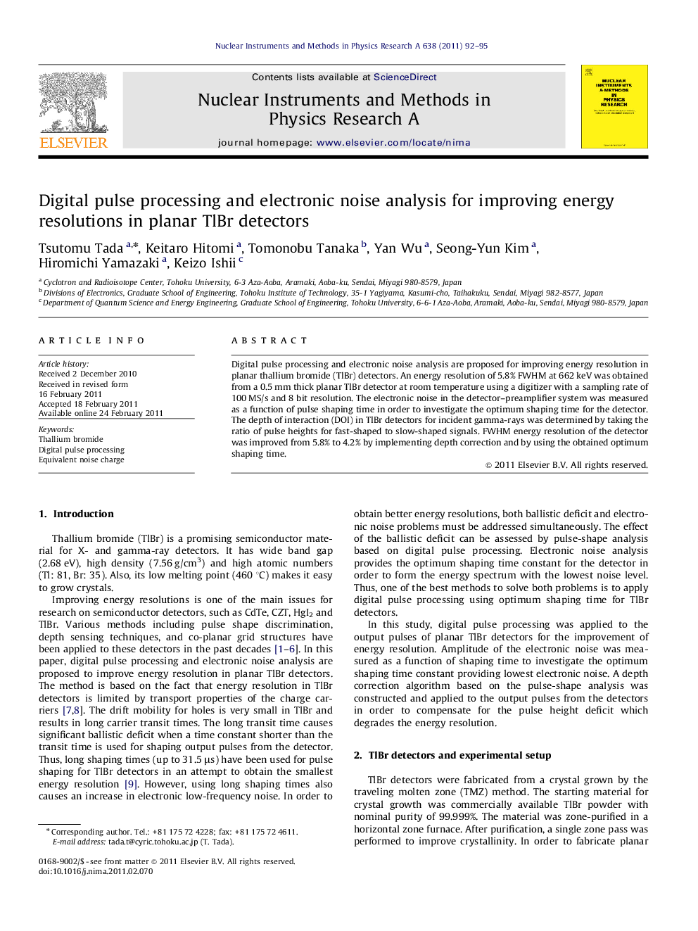 Digital pulse processing and electronic noise analysis for improving energy resolutions in planar TlBr detectors