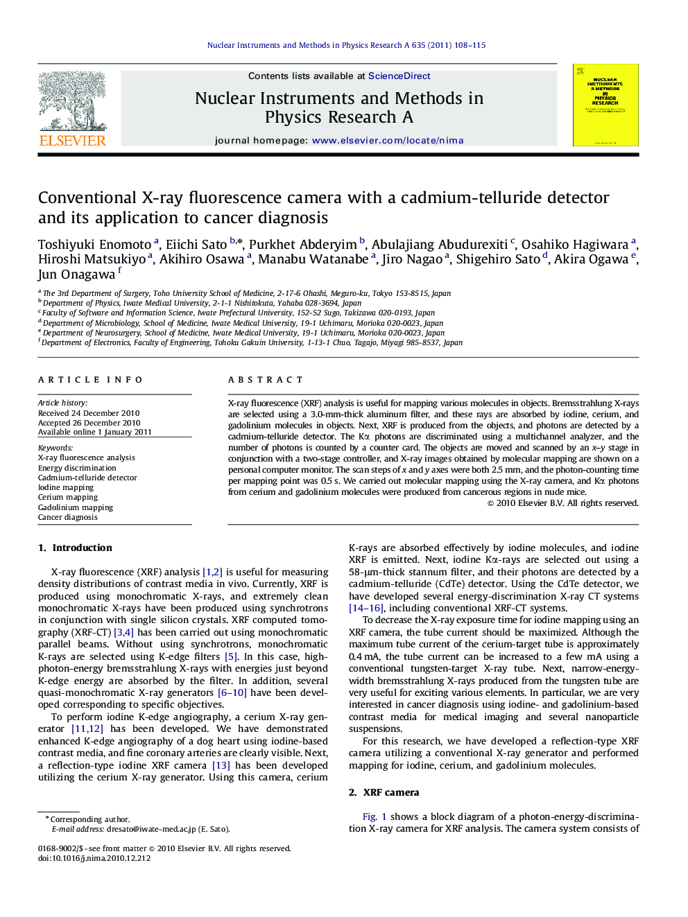 Conventional X-ray fluorescence camera with a cadmium-telluride detector and its application to cancer diagnosis