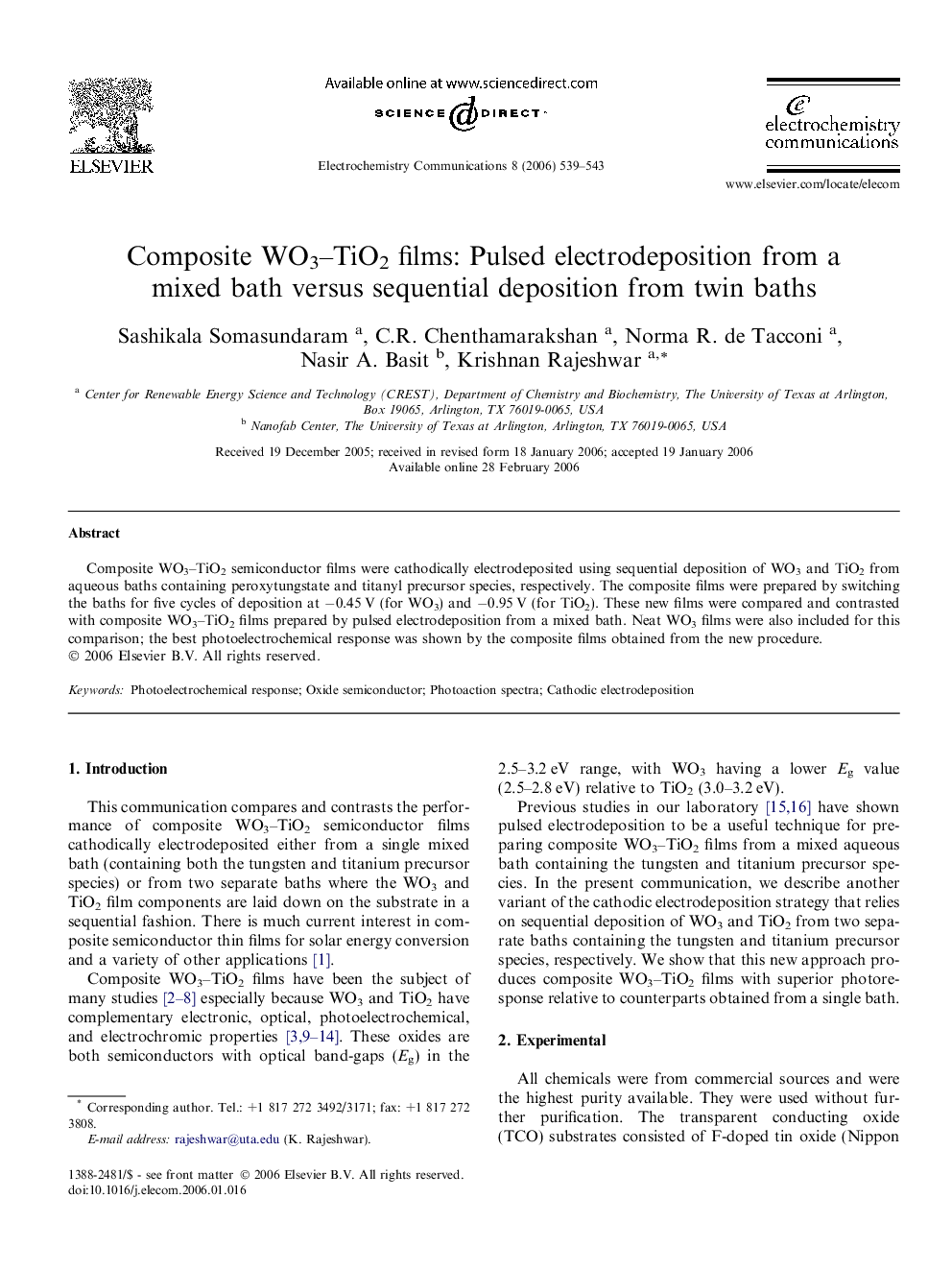 Composite WO3–TiO2 films: Pulsed electrodeposition from a mixed bath versus sequential deposition from twin baths