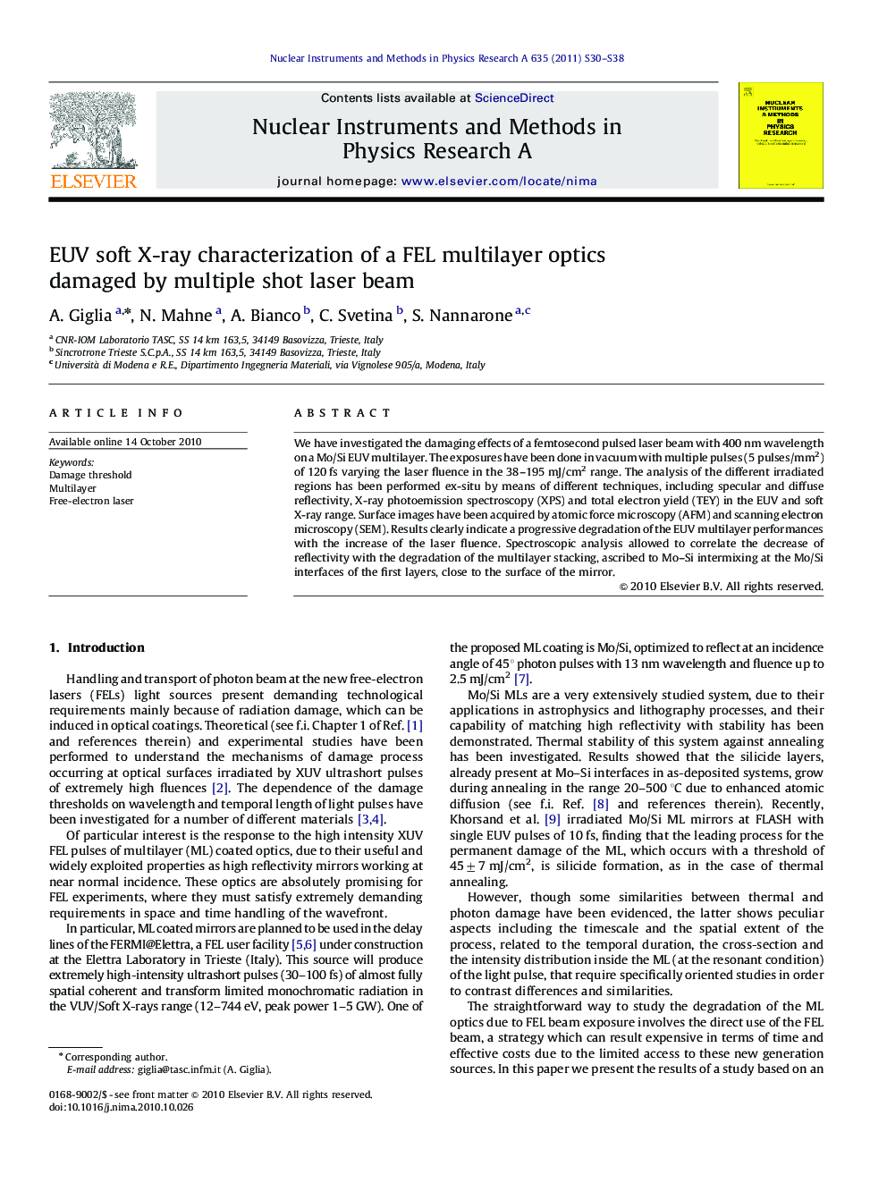 EUV soft X-ray characterization of a FEL multilayer optics damaged by multiple shot laser beam