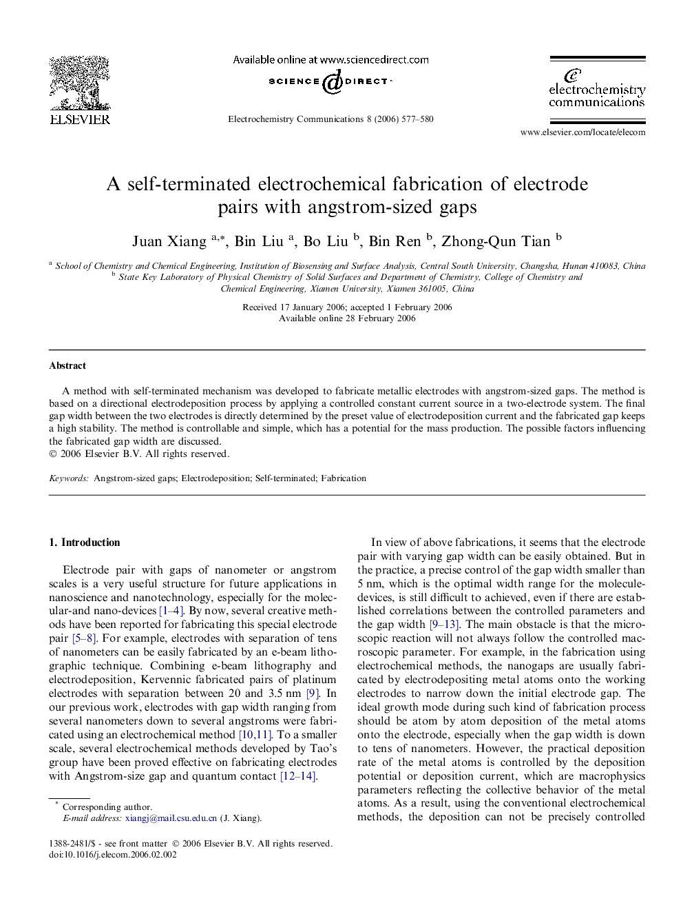 A self-terminated electrochemical fabrication of electrode pairs with angstrom-sized gaps