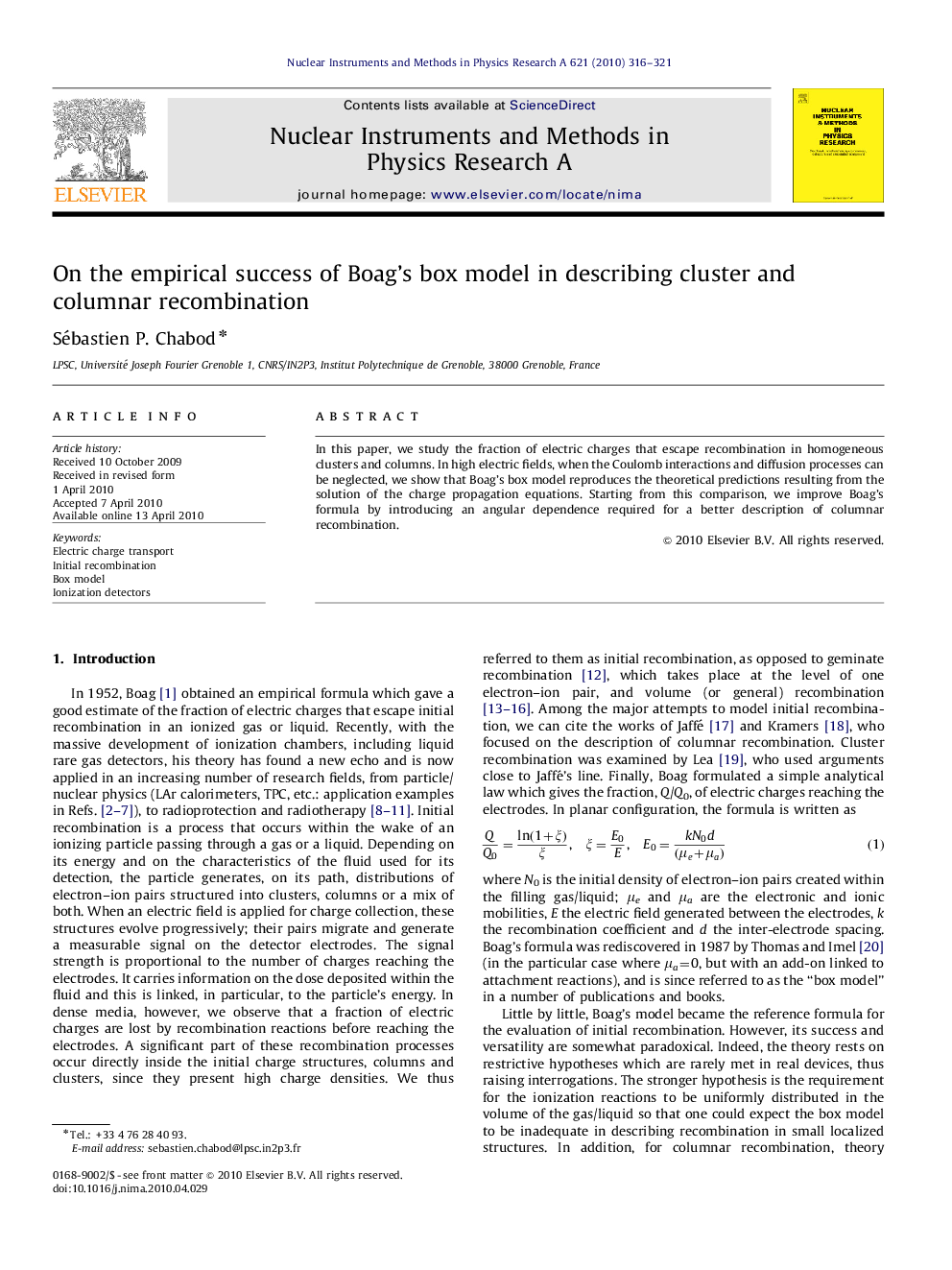 On the empirical success of Boag’s box model in describing cluster and columnar recombination