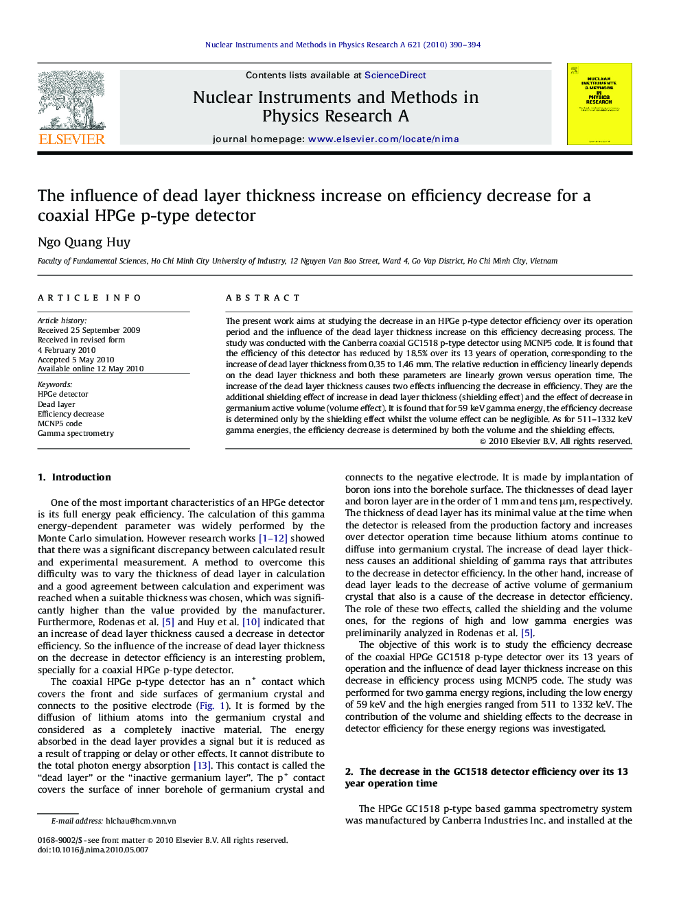 The influence of dead layer thickness increase on efficiency decrease for a coaxial HPGe p-type detector