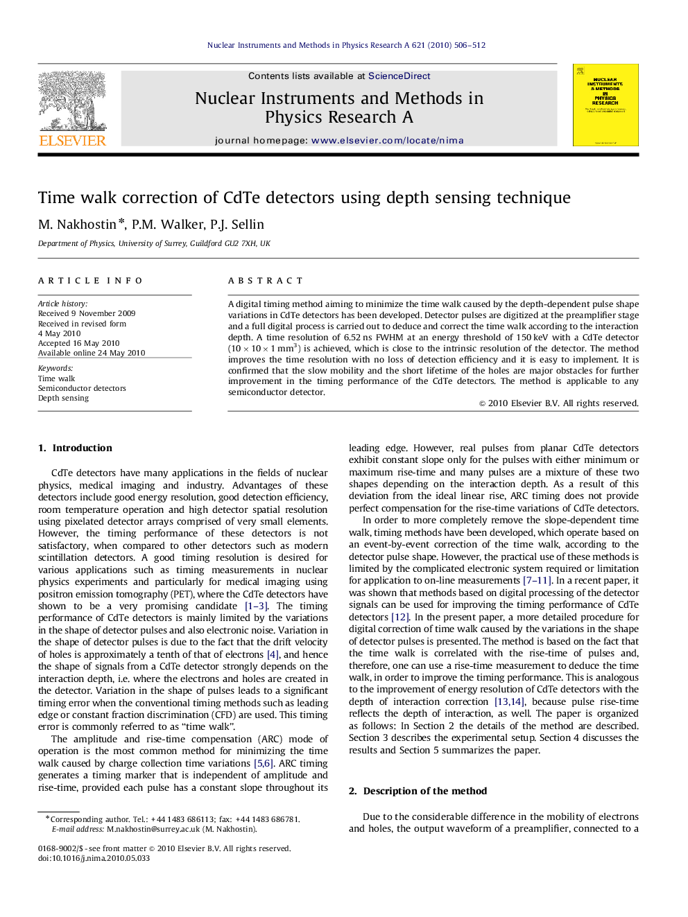 Time walk correction of CdTe detectors using depth sensing technique