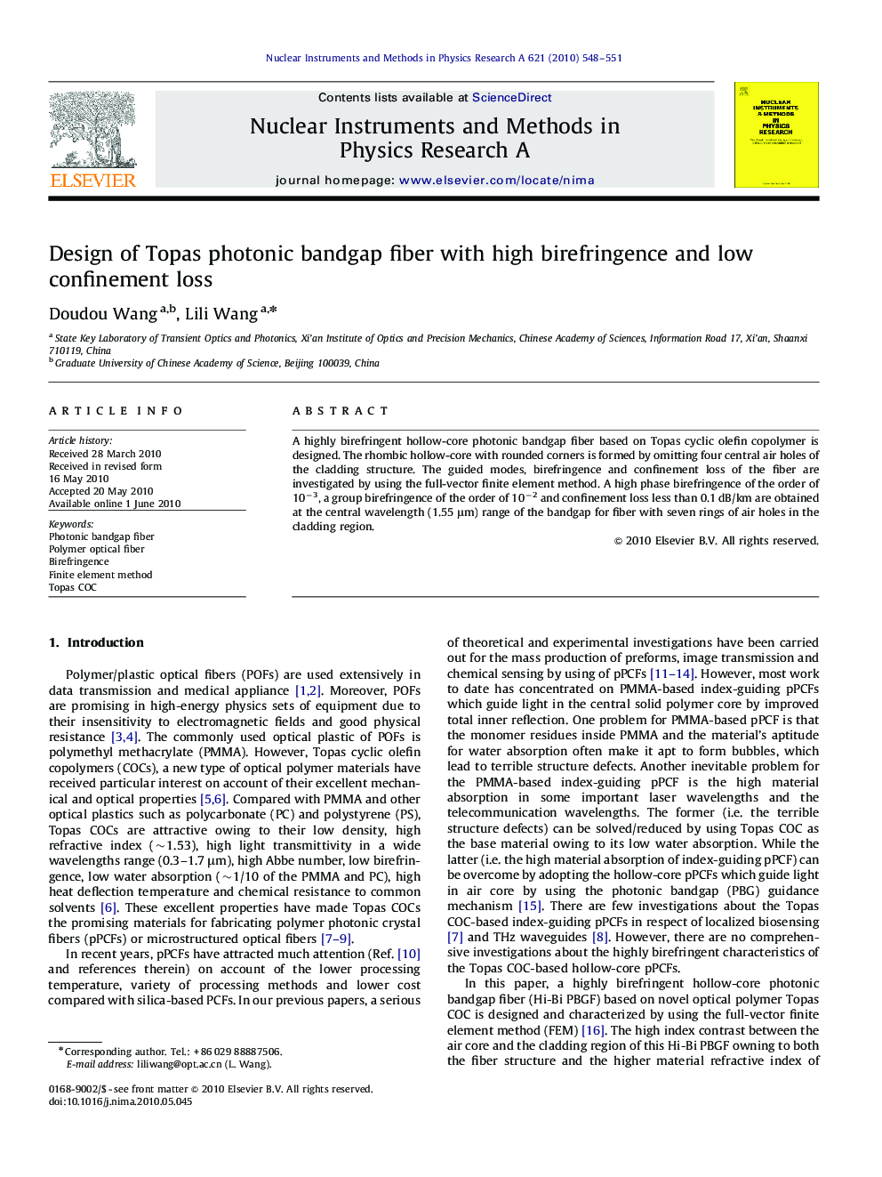 Design of Topas photonic bandgap fiber with high birefringence and low confinement loss