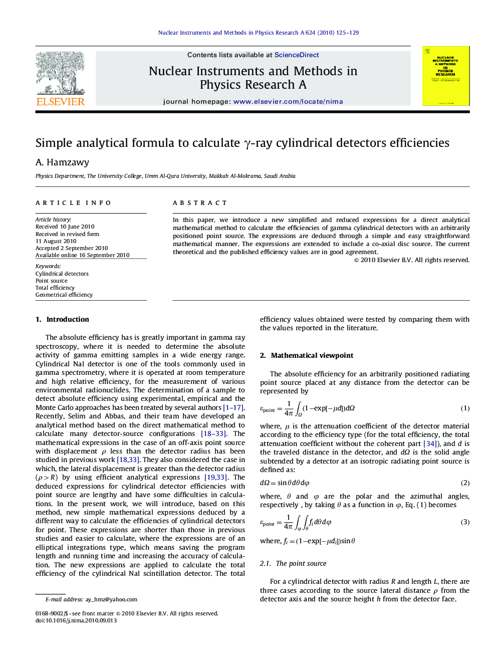 Simple analytical formula to calculate γ-ray cylindrical detectors efficiencies