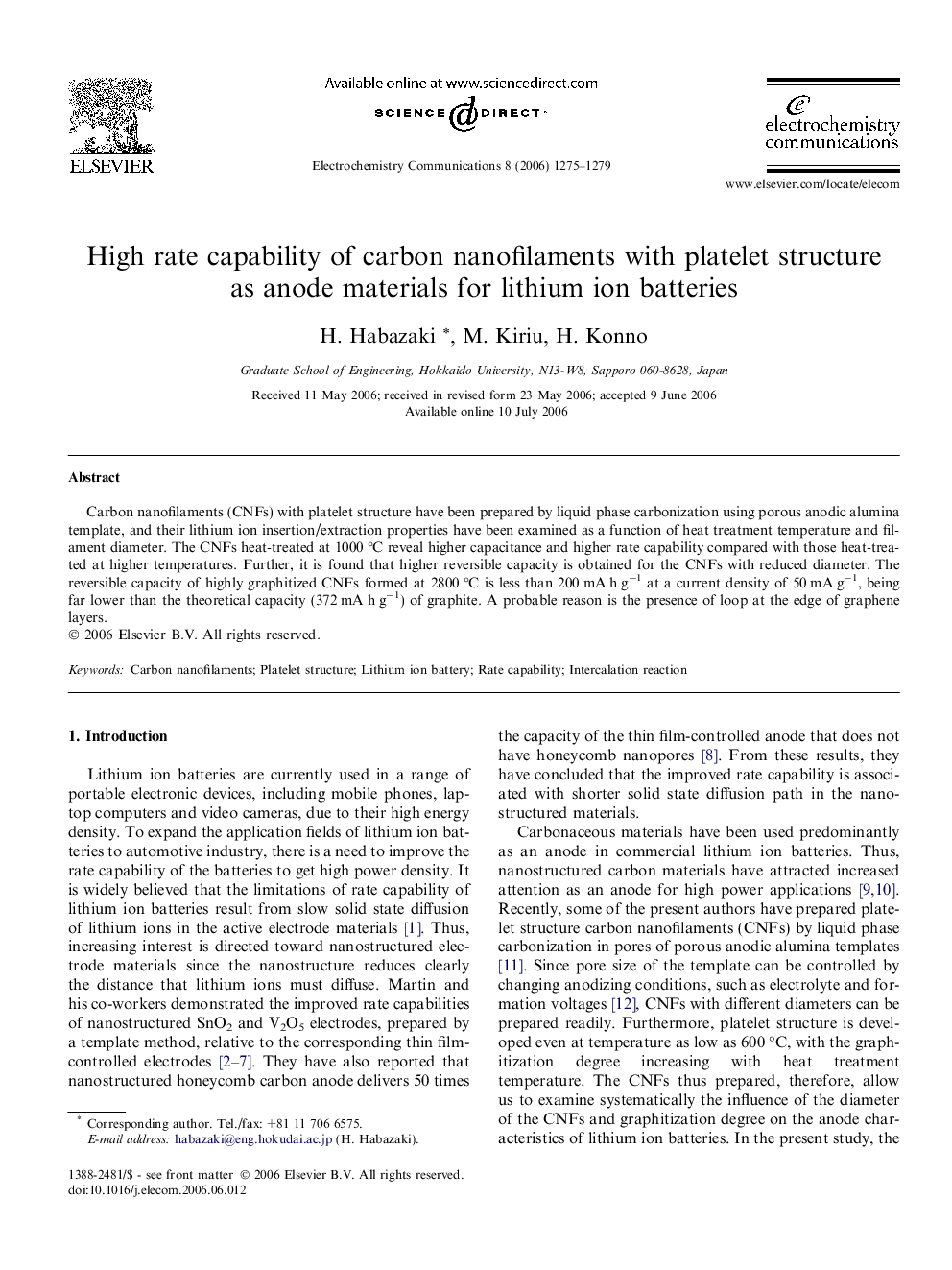 High rate capability of carbon nanofilaments with platelet structure as anode materials for lithium ion batteries