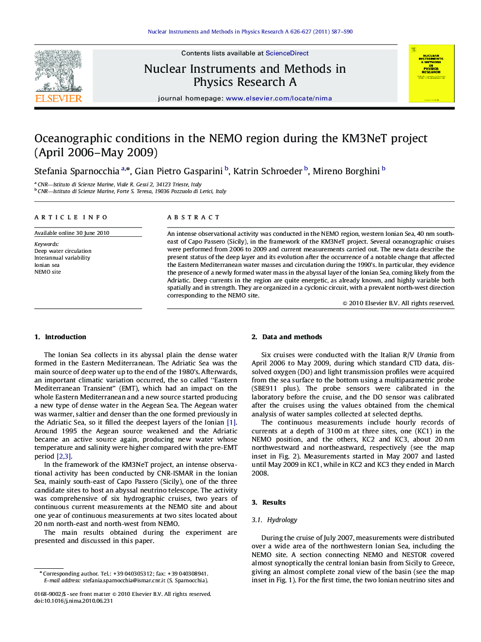 Oceanographic conditions in the NEMO region during the KM3NeT project (April 2006-May 2009)