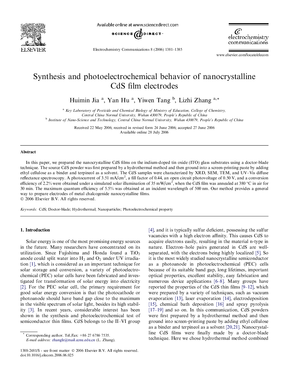 Synthesis and photoelectrochemical behavior of nanocrystalline CdS film electrodes