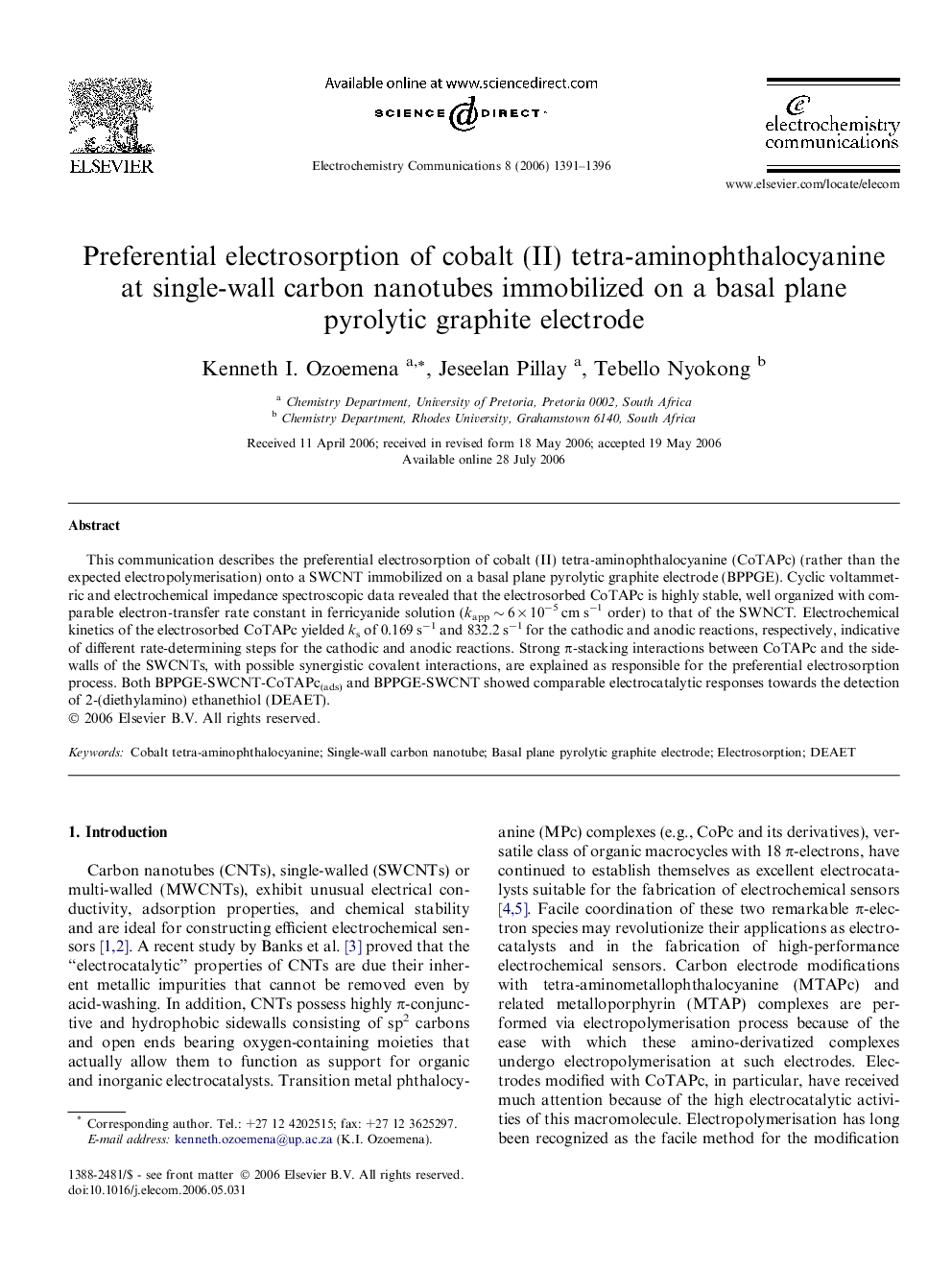 Preferential electrosorption of cobalt (II) tetra-aminophthalocyanine at single-wall carbon nanotubes immobilized on a basal plane pyrolytic graphite electrode