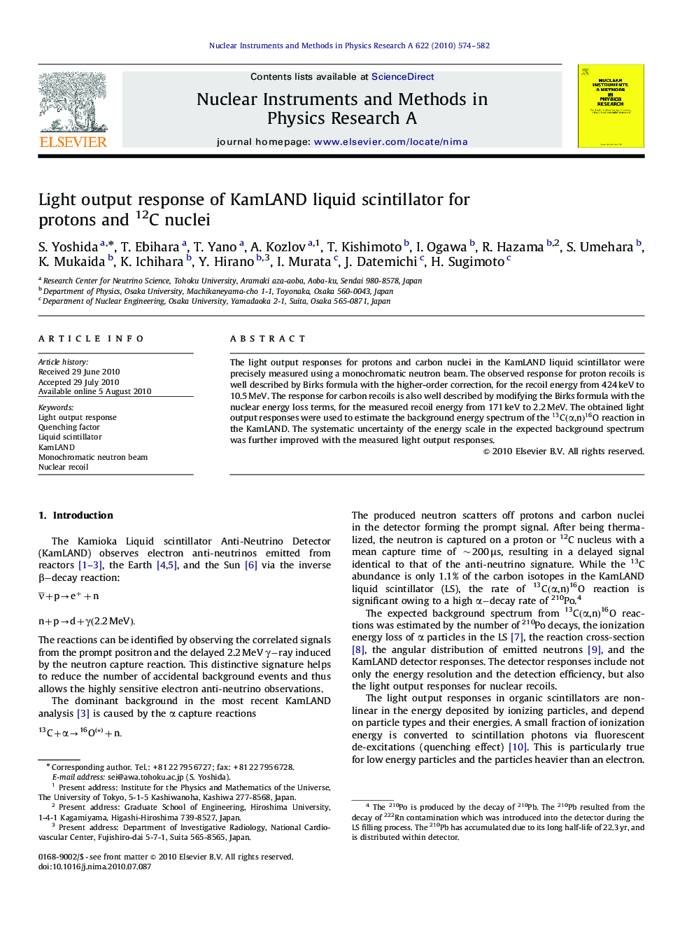 Light output response of KamLAND liquid scintillator for protons and 12C nuclei