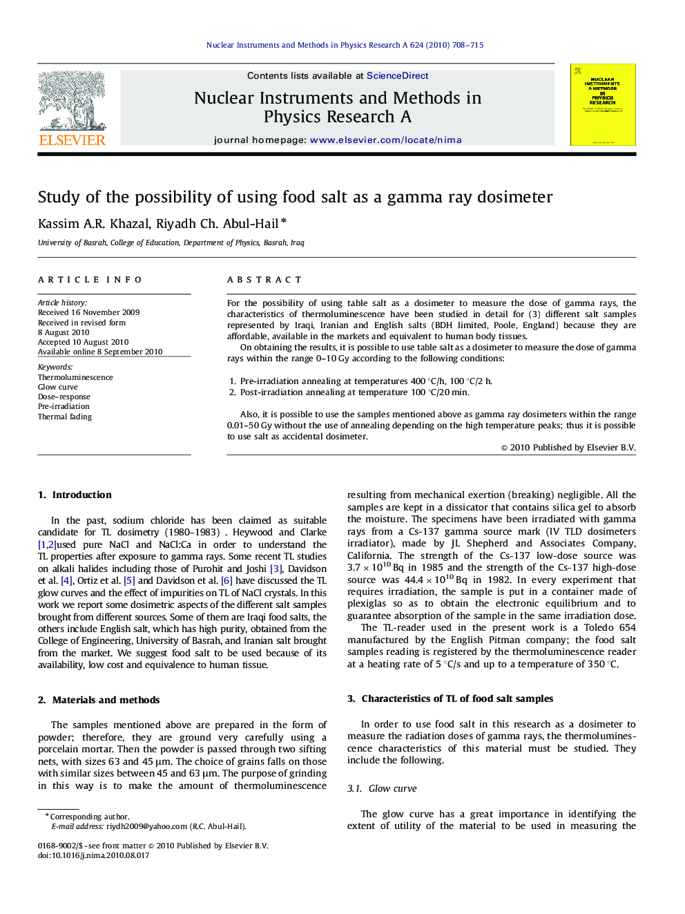 Study of the possibility of using food salt as a gamma ray dosimeter
