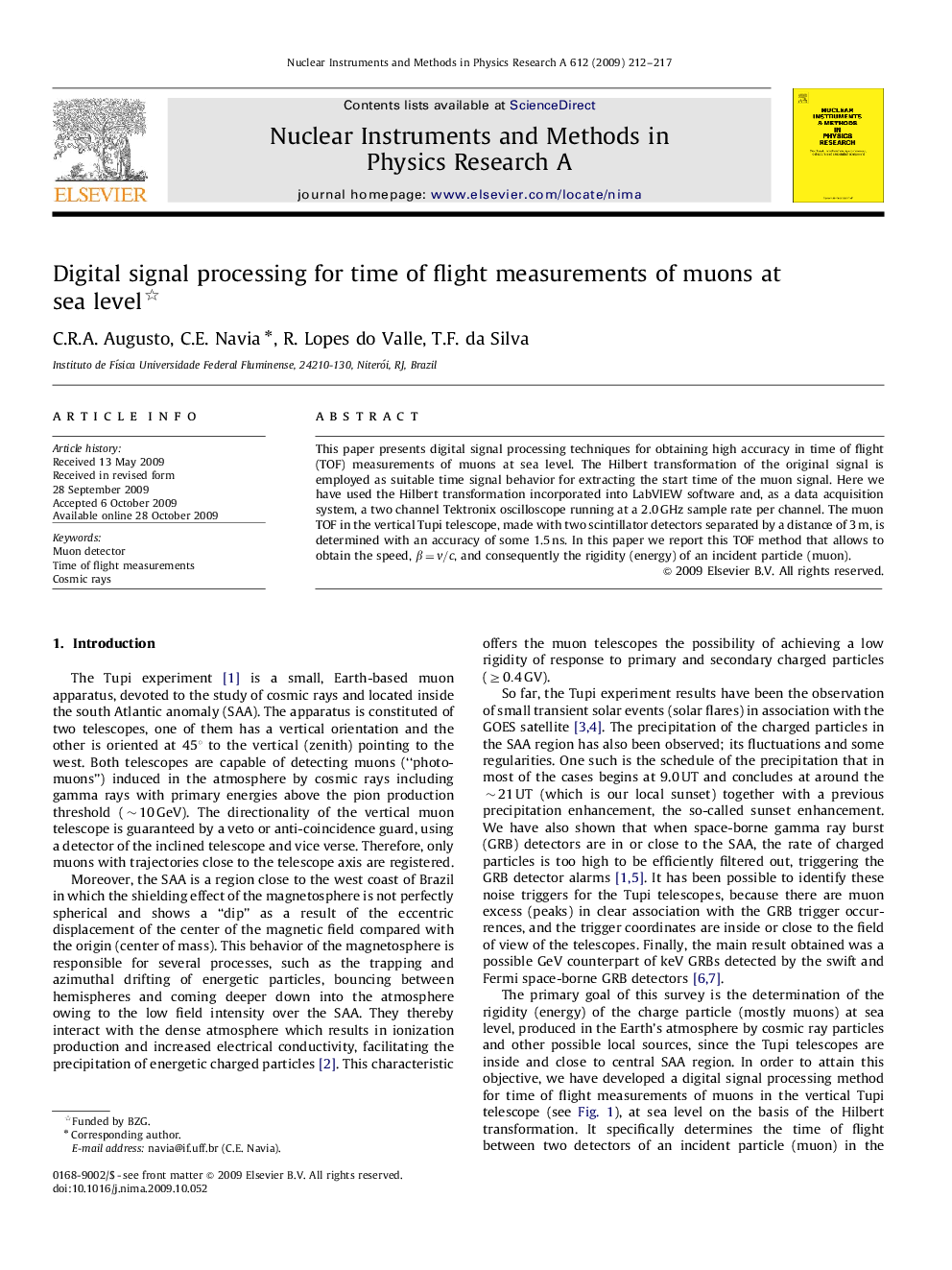 Digital signal processing for time of flight measurements of muons at sea level 