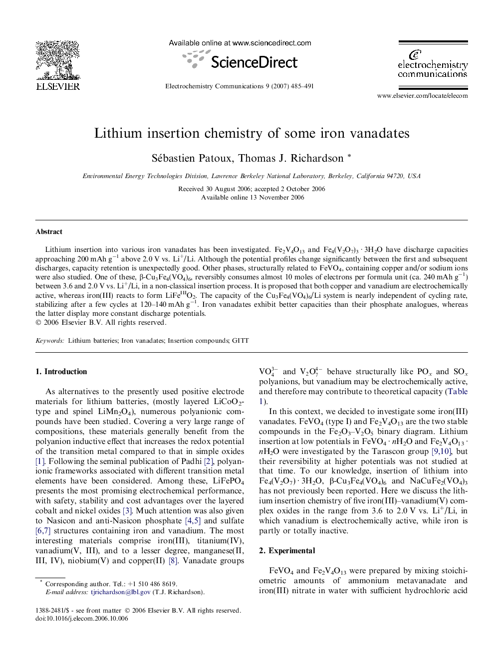 Lithium insertion chemistry of some iron vanadates
