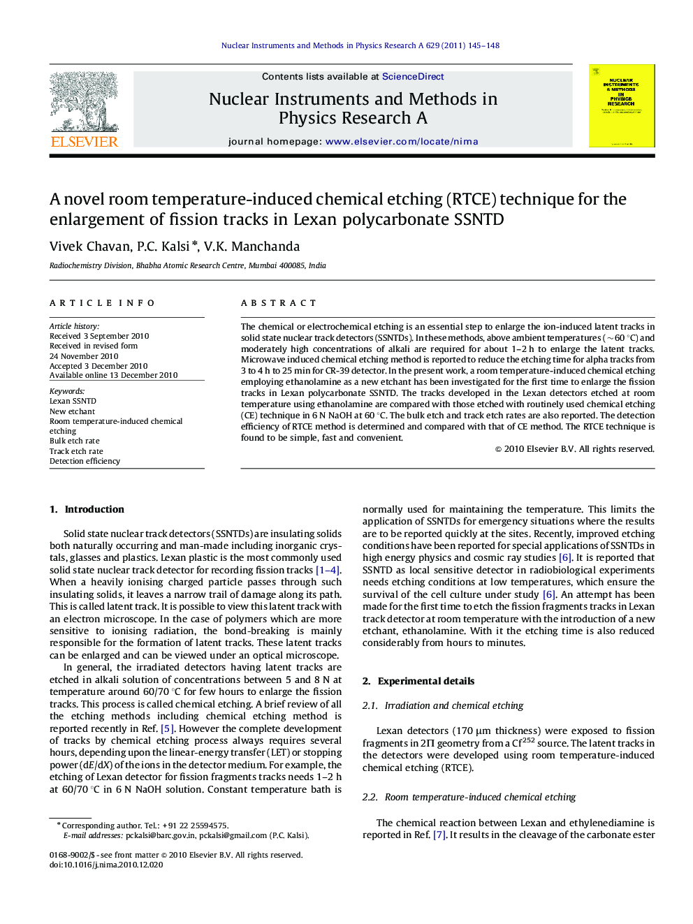 A novel room temperature-induced chemical etching (RTCE) technique for the enlargement of fission tracks in Lexan polycarbonate SSNTD