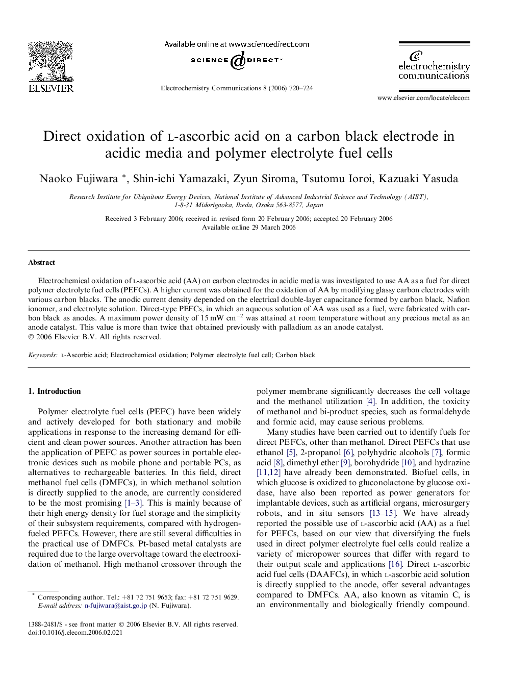 Direct oxidation of l-ascorbic acid on a carbon black electrode in acidic media and polymer electrolyte fuel cells