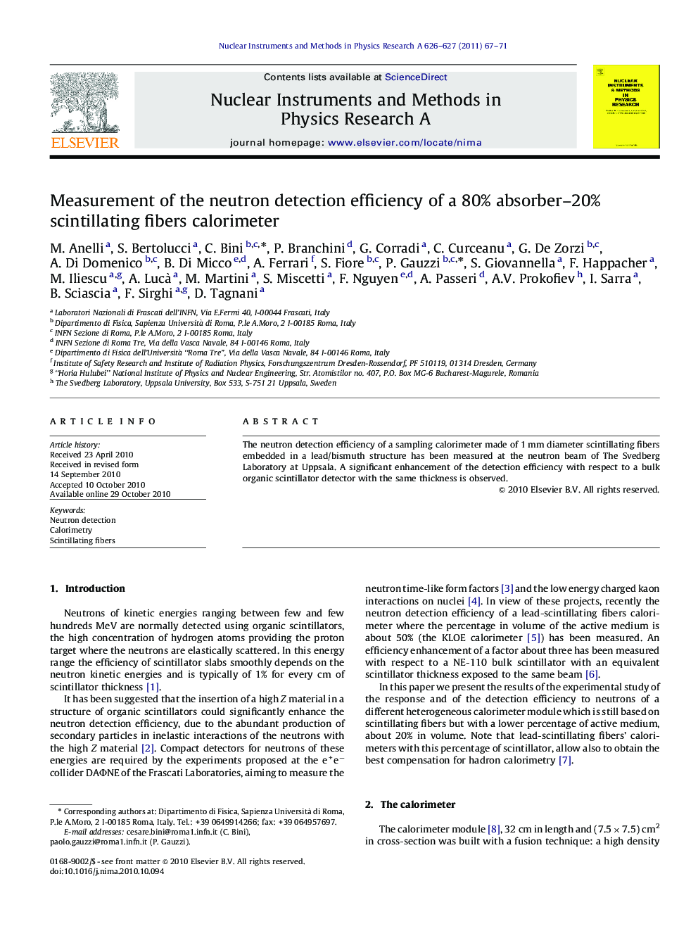 Measurement of the neutron detection efficiency of a 80% absorber–20% scintillating fibers calorimeter