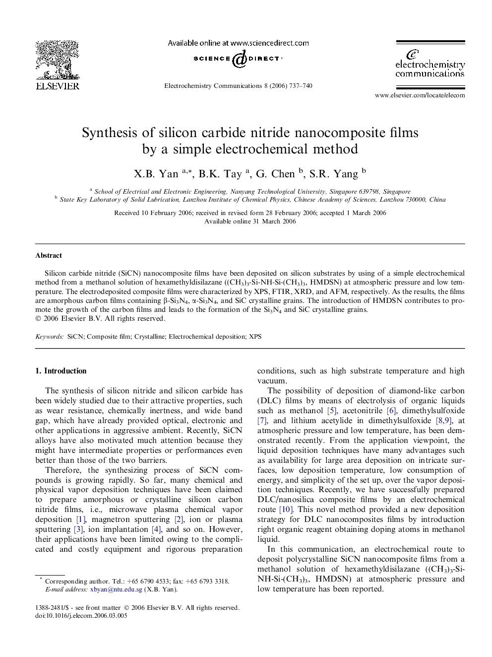 Synthesis of silicon carbide nitride nanocomposite films by a simple electrochemical method