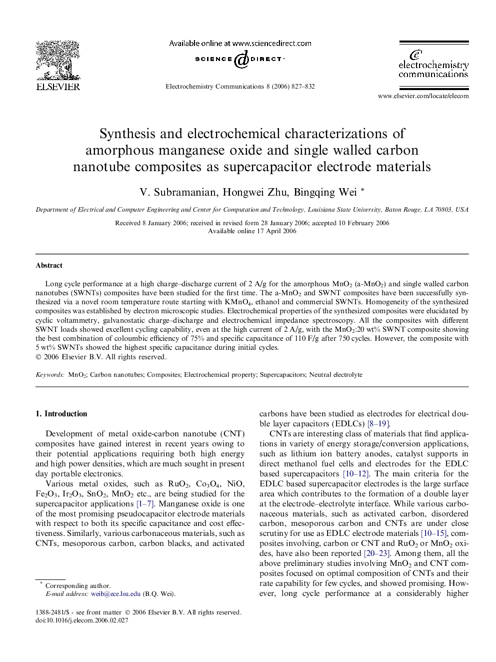 Synthesis and electrochemical characterizations of amorphous manganese oxide and single walled carbon nanotube composites as supercapacitor electrode materials