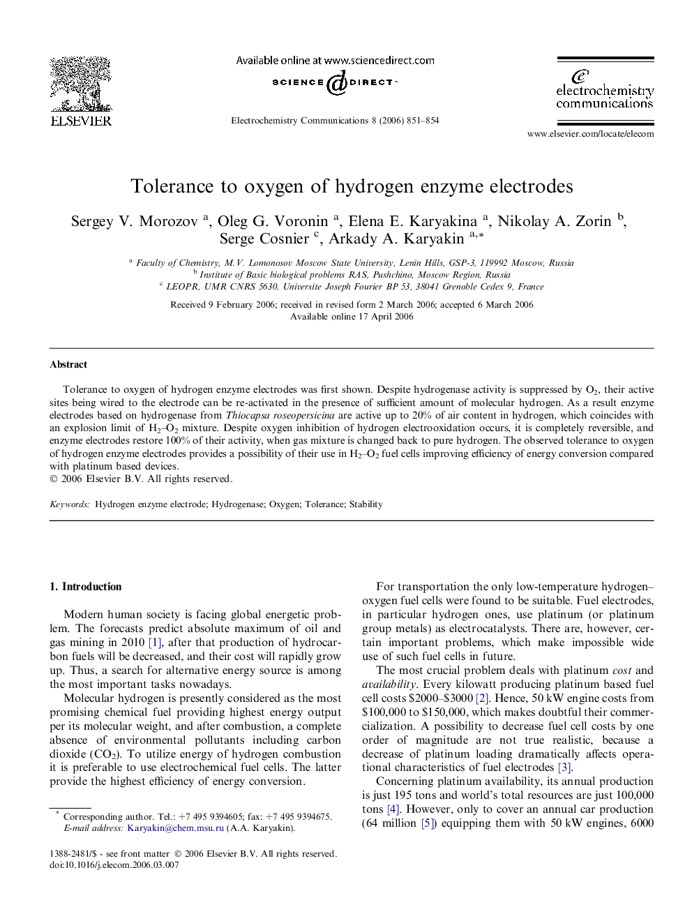 Tolerance to oxygen of hydrogen enzyme electrodes