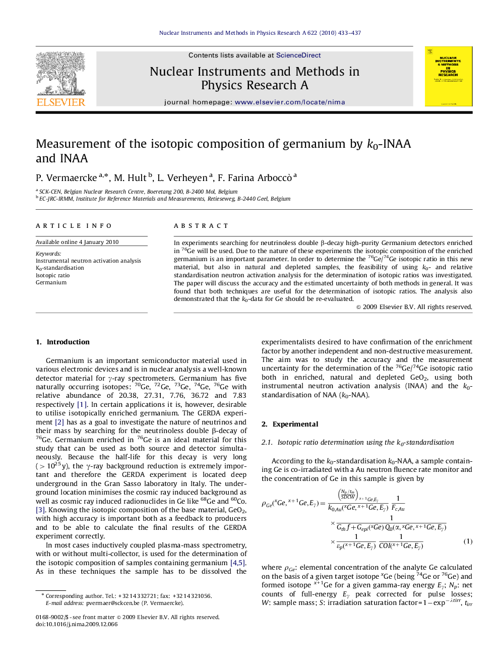 Measurement of the isotopic composition of germanium by k0-INAA and INAA