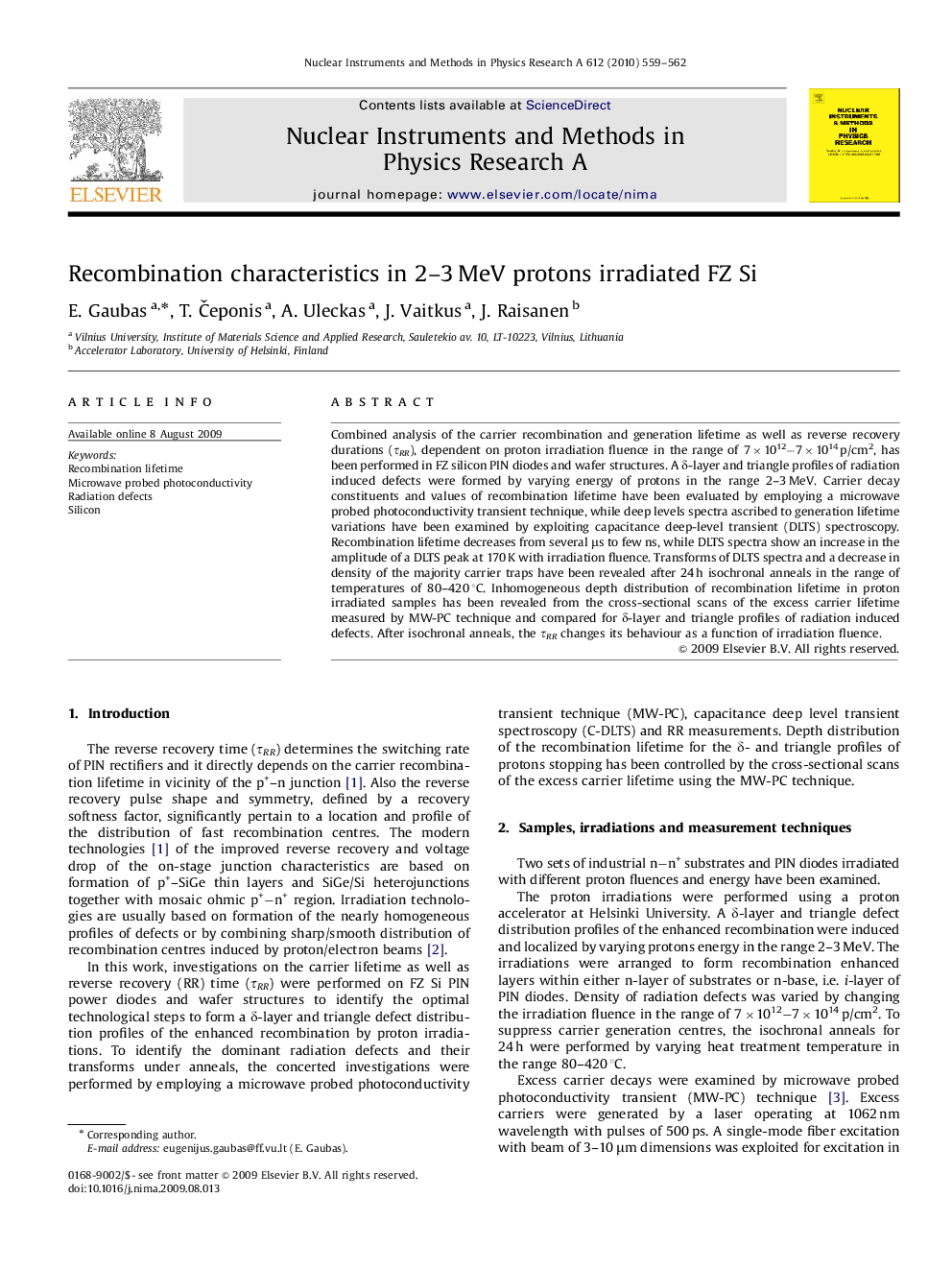عکس صفحه اول مقاله: Recombination characteristics in 2–3 MeV protons irradiated FZ Si Recombination characteristics in 2–3 MeV protons irradiated FZ Si