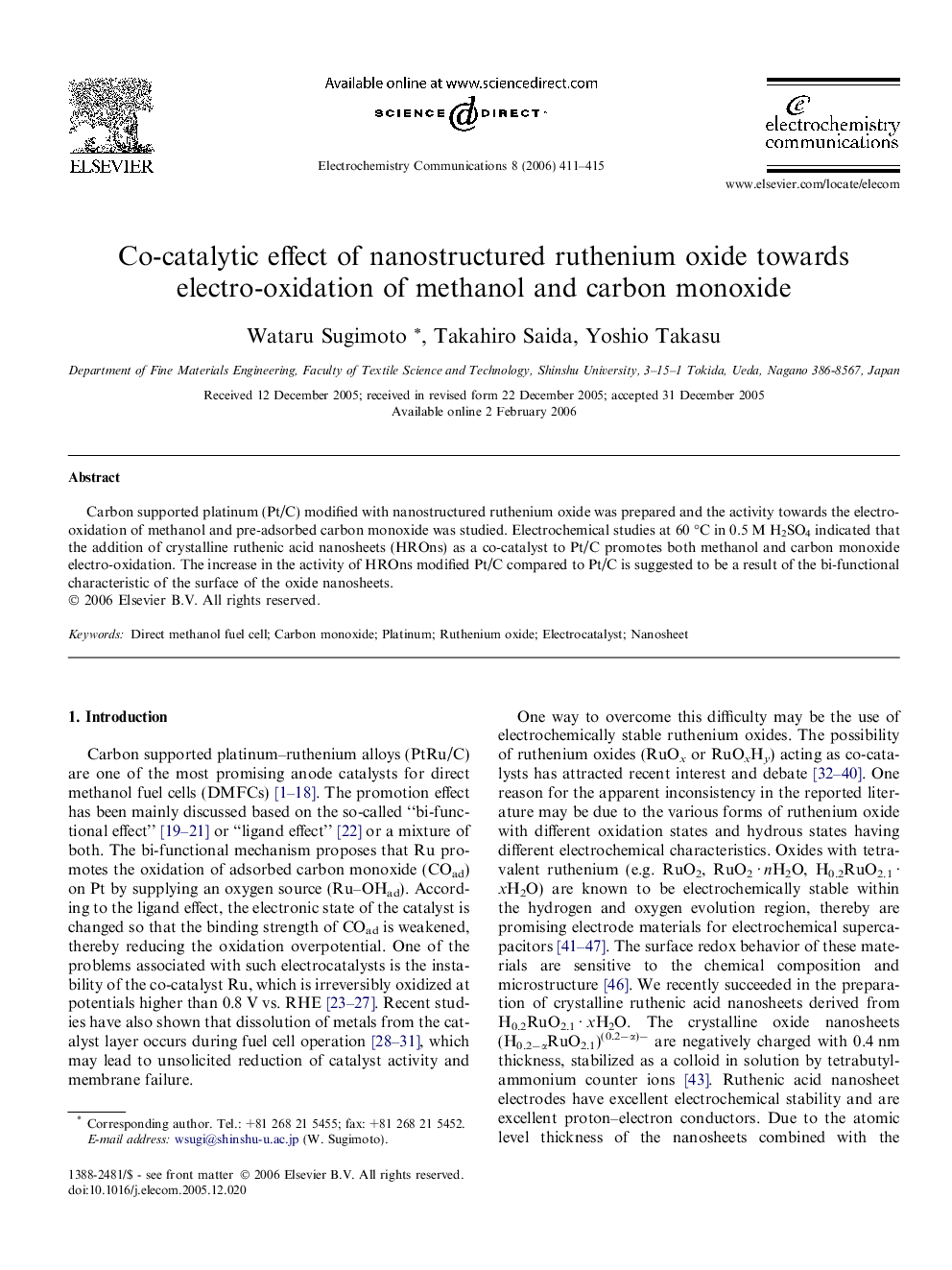 Co-catalytic effect of nanostructured ruthenium oxide towards electro-oxidation of methanol and carbon monoxide