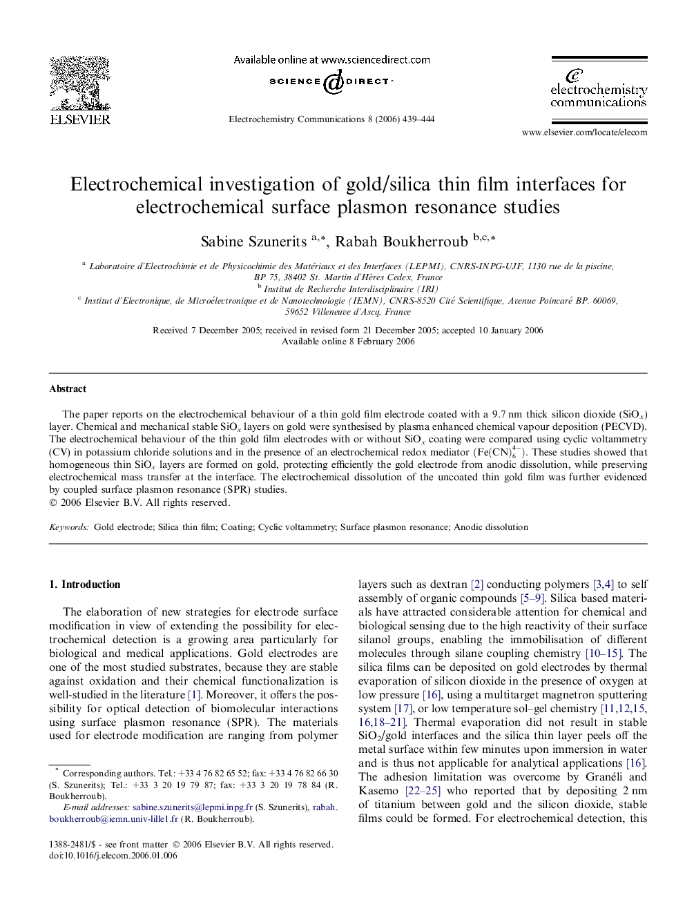 Electrochemical investigation of gold/silica thin film interfaces for electrochemical surface plasmon resonance studies