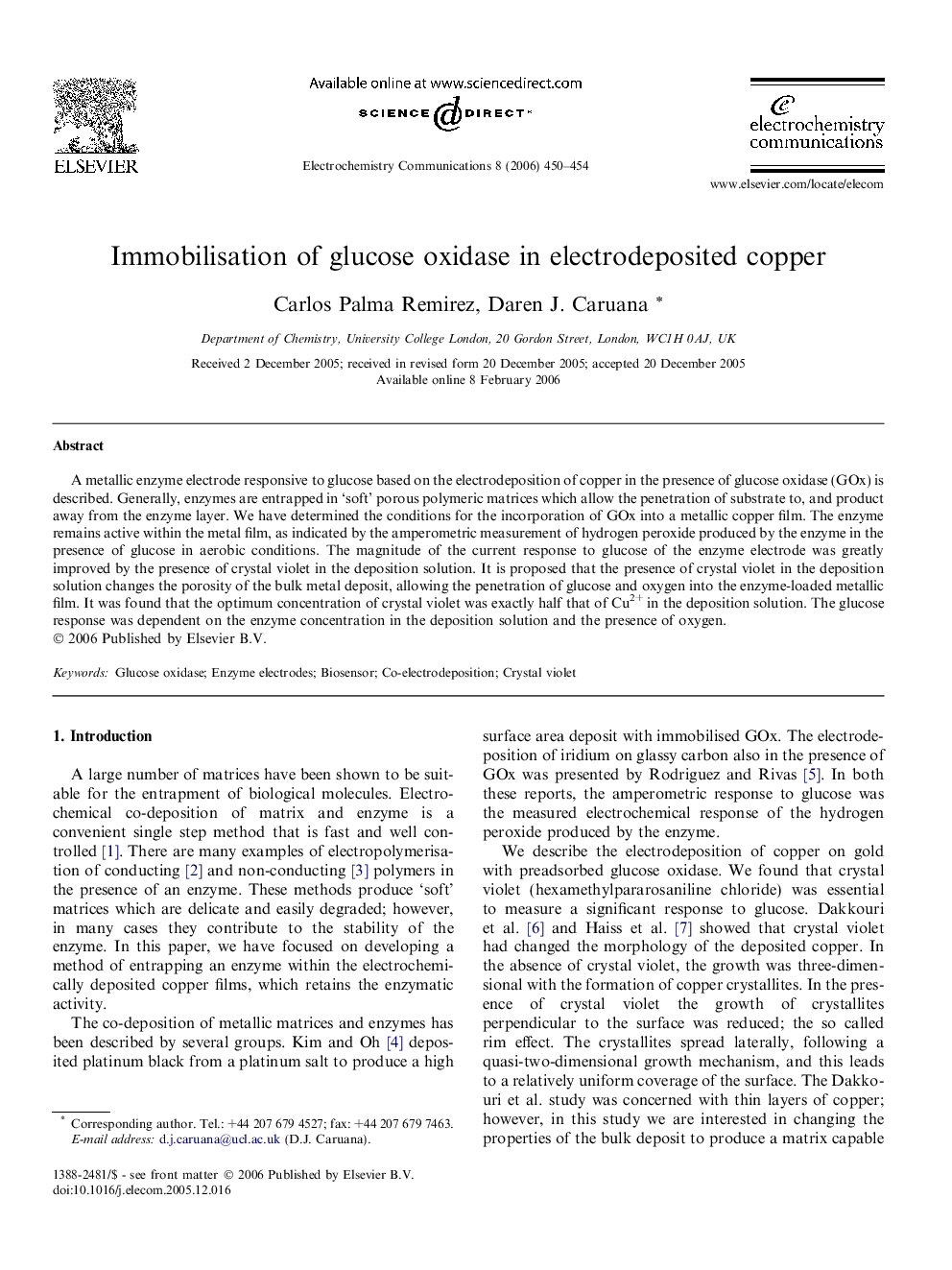 Immobilisation of glucose oxidase in electrodeposited copper