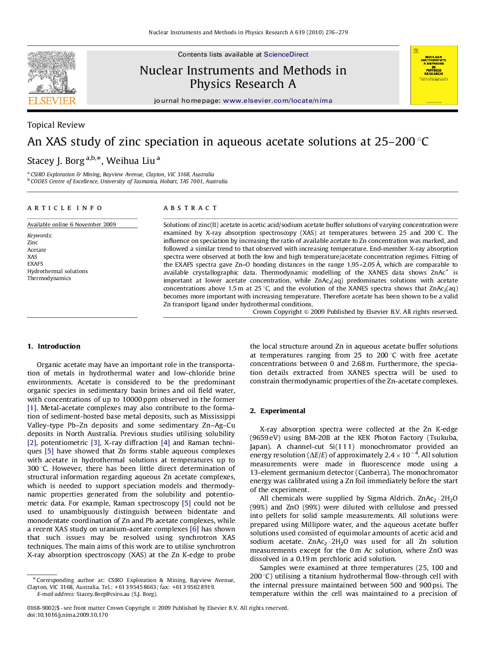 An XAS study of zinc speciation in aqueous acetate solutions at 25-200Â Â°C