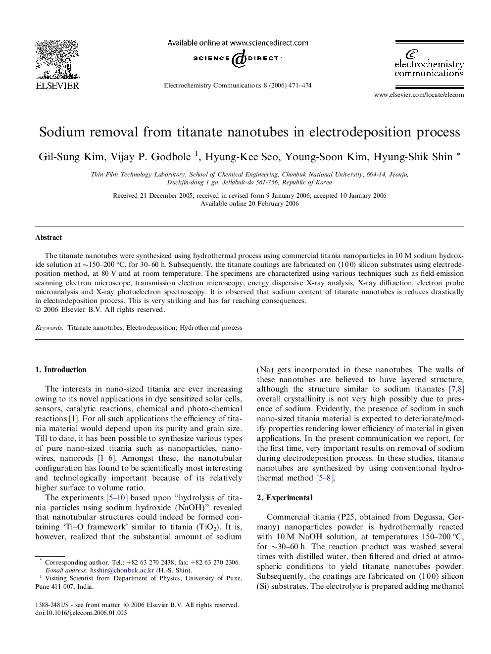 Sodium removal from titanate nanotubes in electrodeposition process