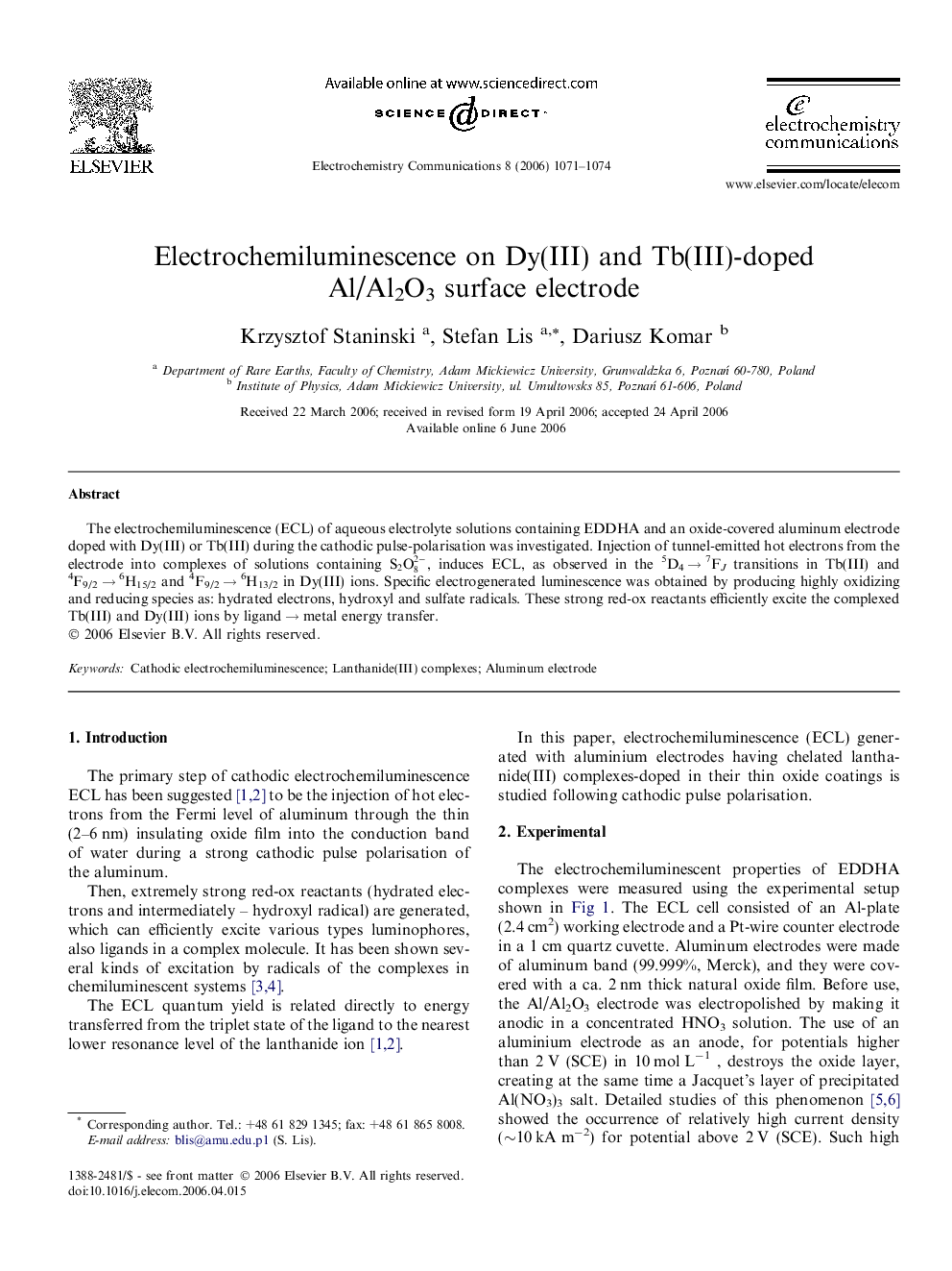 Electrochemiluminescence on Dy(III) and Tb(III)-doped Al/Al2O3 surface electrode