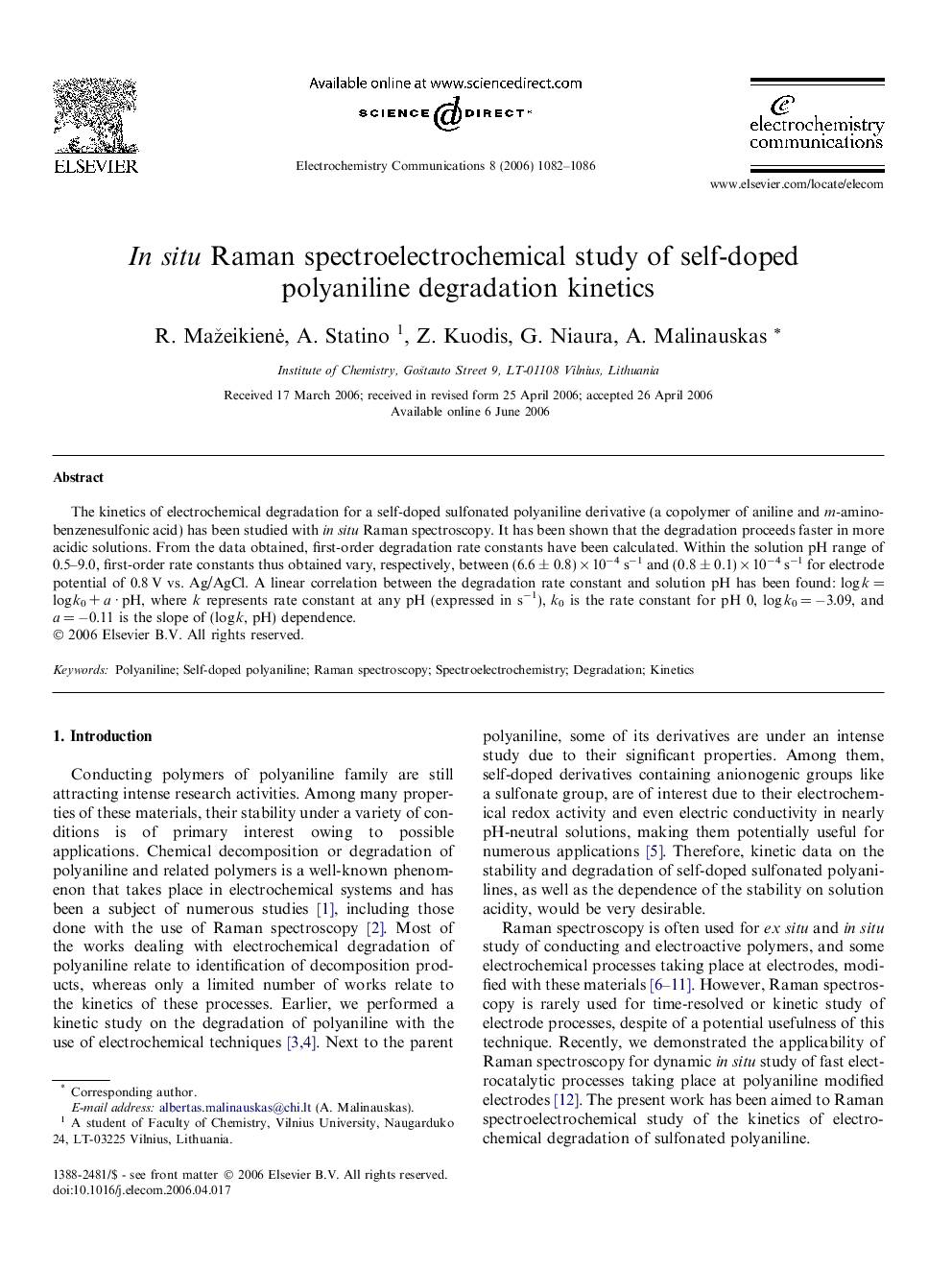 In situ Raman spectroelectrochemical study of self-doped polyaniline degradation kinetics