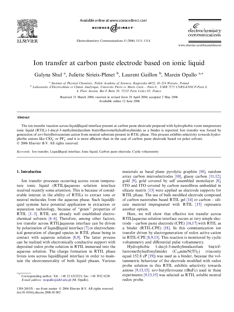 عکس صفحه اول مقاله: Ion transfer at carbon paste electrode based on ionic liquid Ion transfer at carbon paste electrode based on ionic liquid