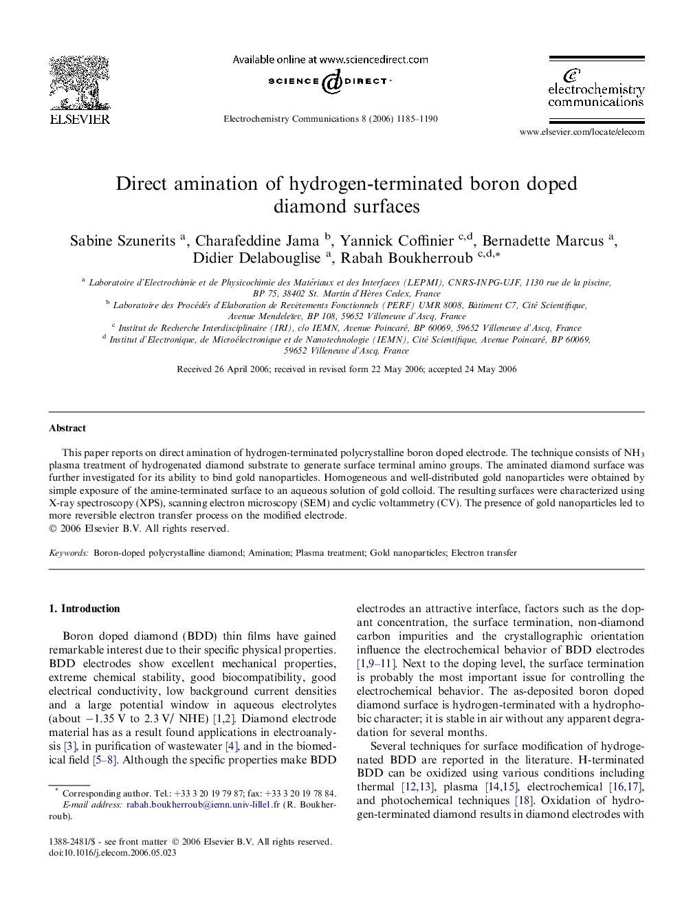 Direct amination of hydrogen-terminated boron doped diamond surfaces