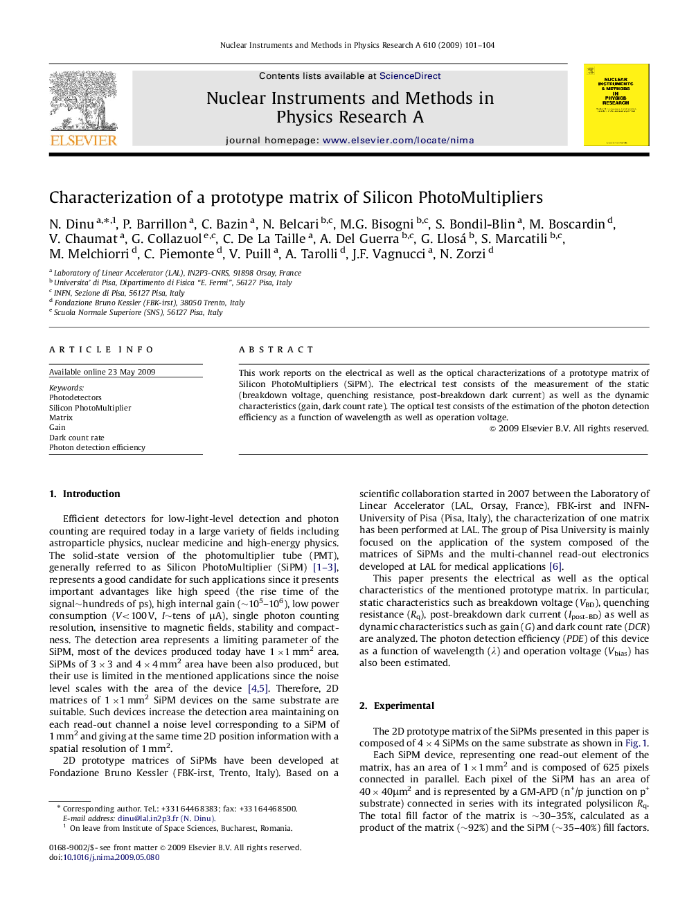 Characterization of a prototype matrix of Silicon PhotoMultipliers