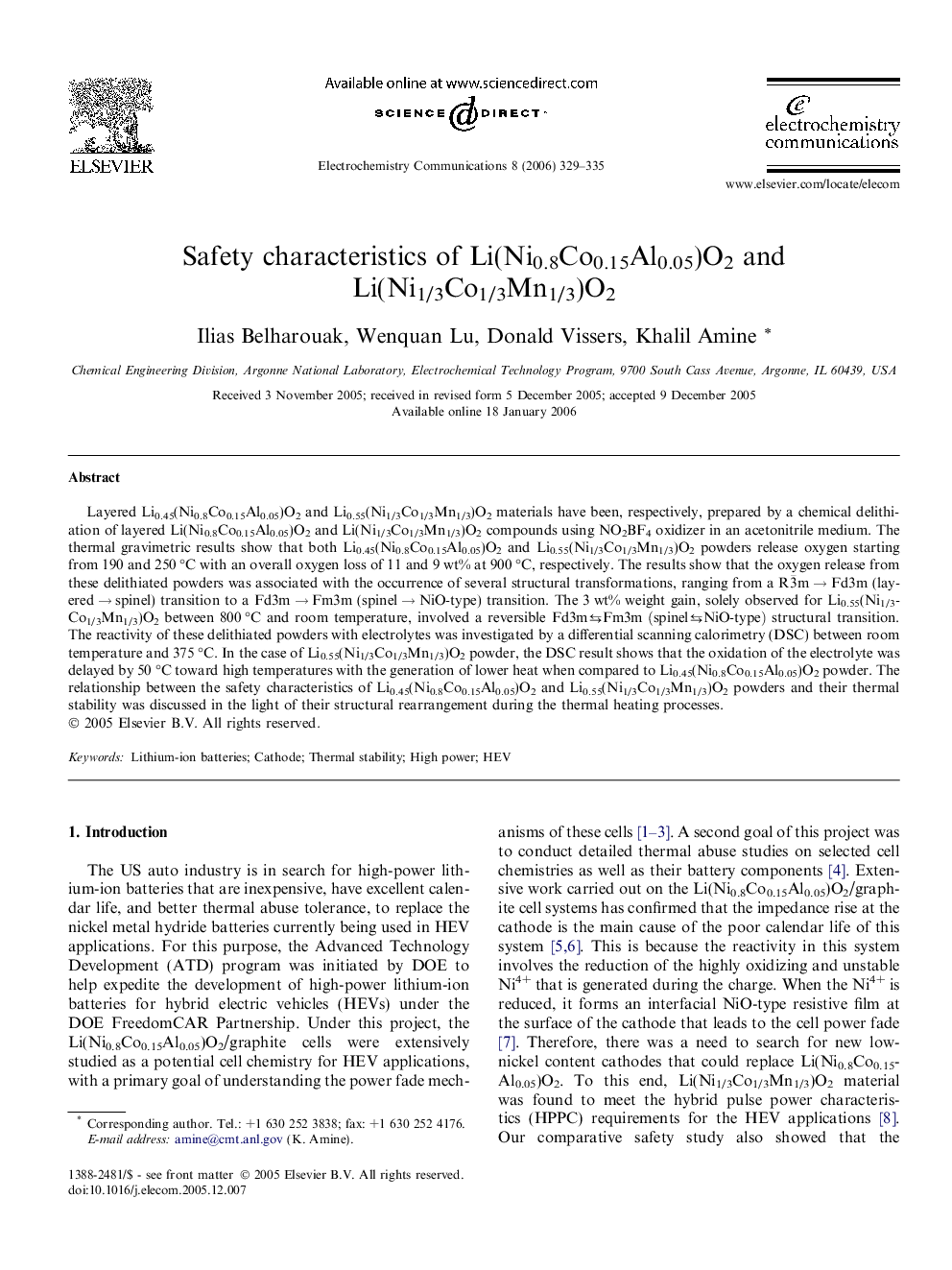 Safety characteristics of Li(Ni0.8Co0.15Al0.05)O2 and Li(Ni1/3Co1/3Mn1/3)O2