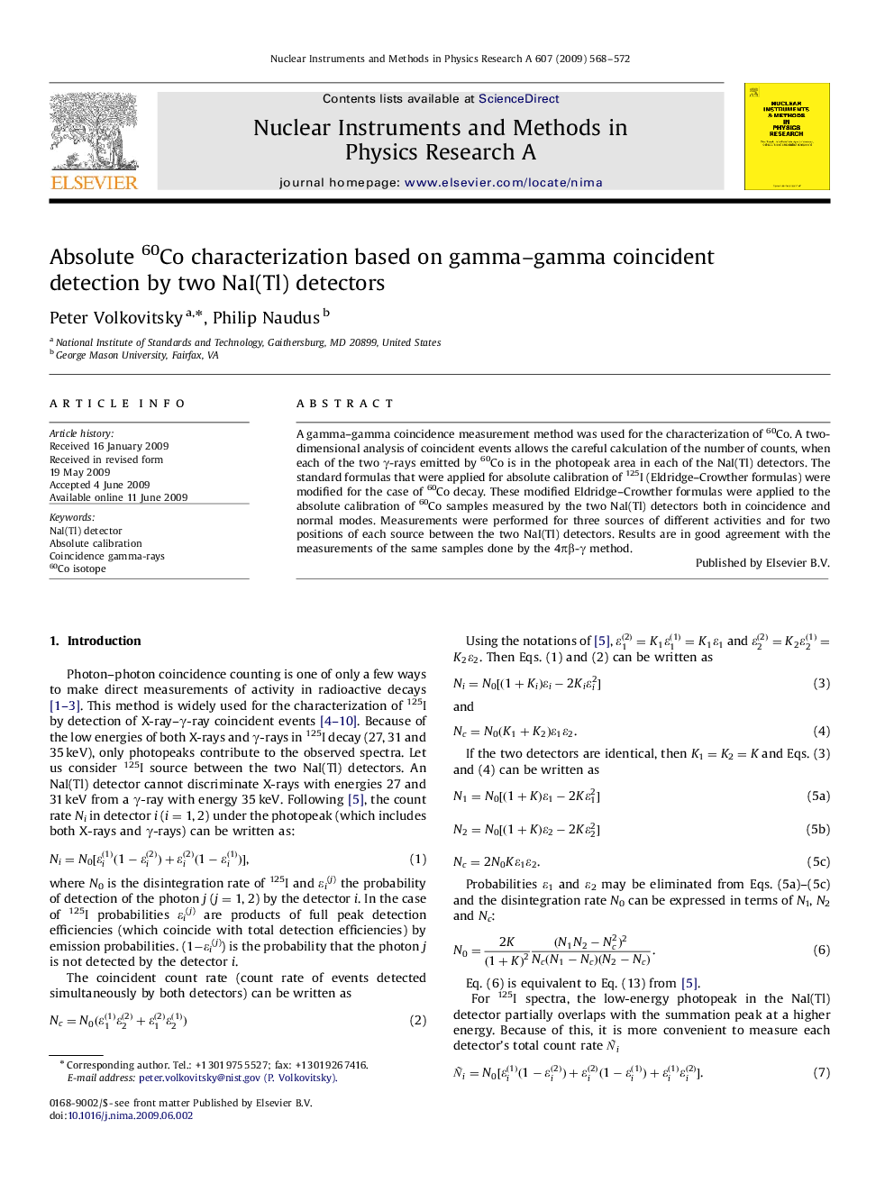 Absolute 60Co characterization based on gamma–gamma coincident detection by two NaI(Tl) detectors