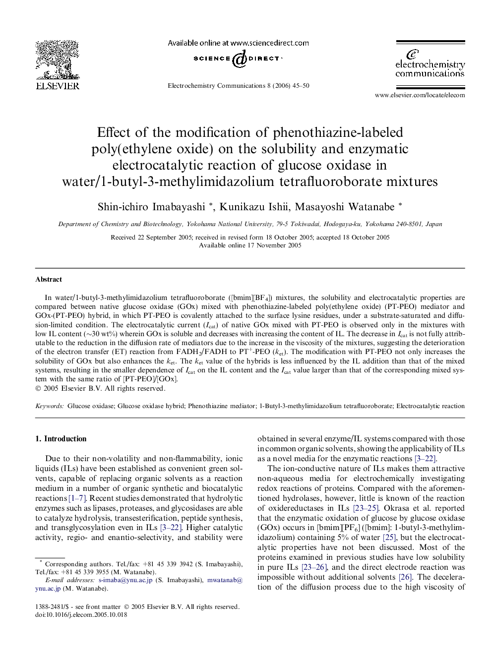 Effect of the modification of phenothiazine-labeled poly(ethylene oxide) on the solubility and enzymatic electrocatalytic reaction of glucose oxidase in water/1-butyl-3-methylimidazolium tetrafluoroborate mixtures