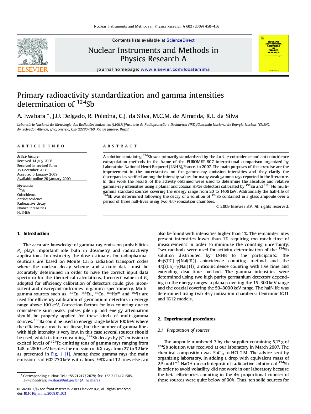 عکس صفحه اول مقاله: Primary radioactivity standardization and gamma intensities determination of 124Sb Primary radioactivity standardization and gamma intensities determination of 124Sb
