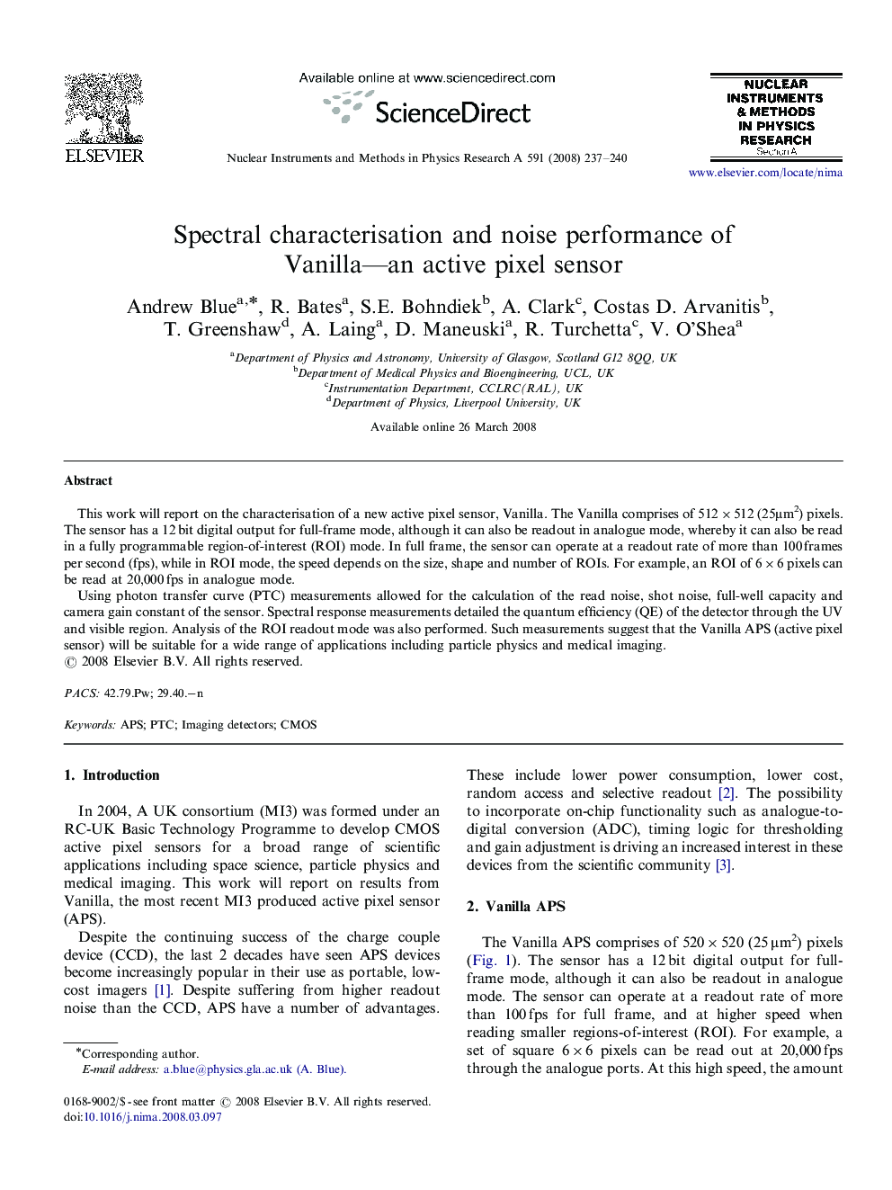 Spectral characterisation and noise performance of Vanilla—an active pixel sensor