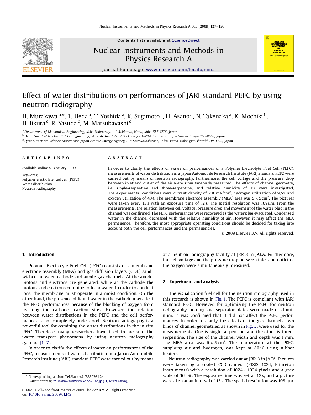 Effect of water distributions on performances of JARI standard PEFC by using neutron radiography