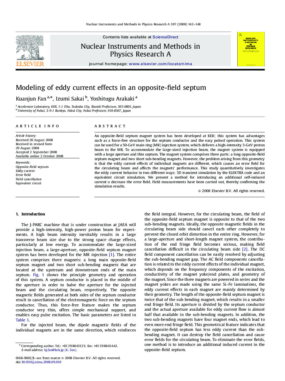 عکس صفحه اول مقاله: Modeling of eddy current effects in an opposite-field septum Modeling of eddy current effects in an opposite-field septum